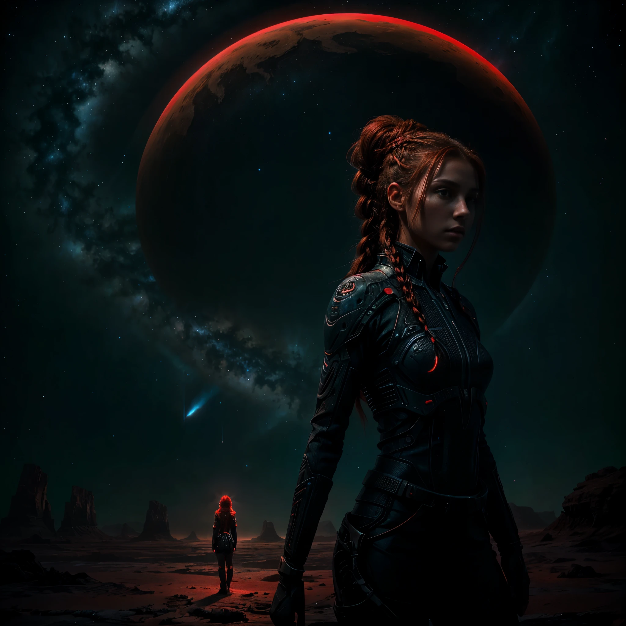 portrait of a beautiful girl, standing alone in the expanse of an alien landscape, her red braid cascading over her shoulders as she scans the luminous and bioluminescent horizon,