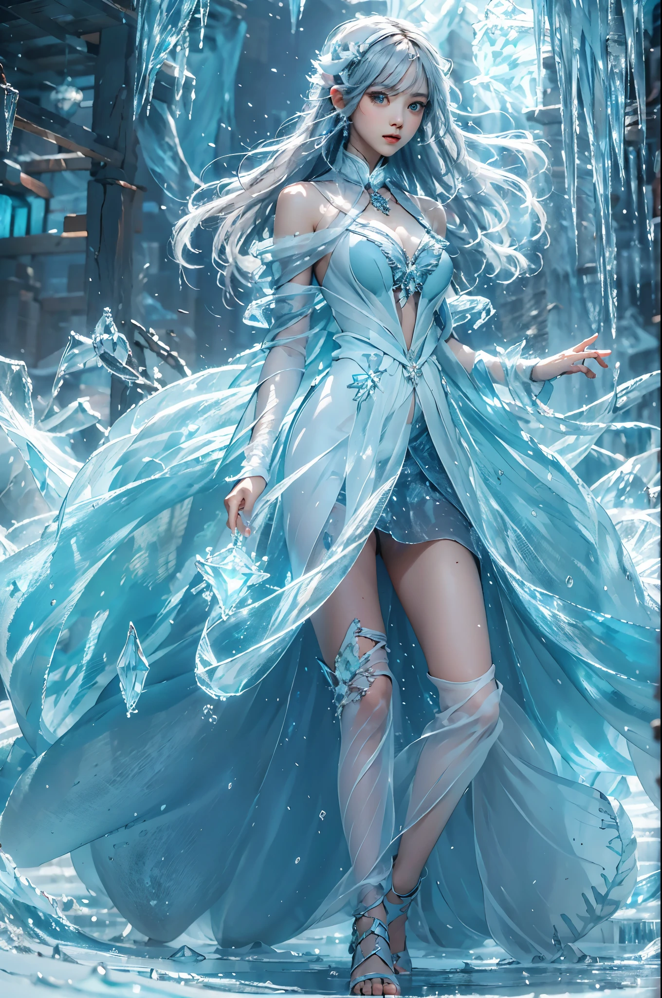 (Full body photo:1.5)wood, Exquisite mini ice spikes and crystals, Frozen waterfall in the background, Light reflected by ice crystals, Flowing snowflakes.1 girl, Beautiful woman、pretty girl,A realistic person,Beautiful cleavage,((small breasts))
