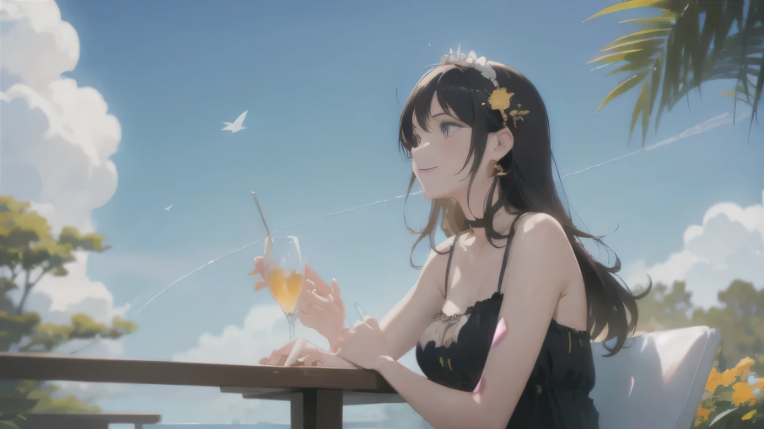 A beautiful girl in her 20s happily listening to jazz under the blue sky