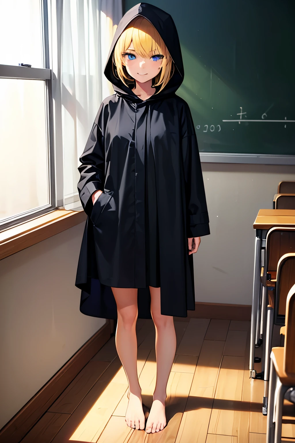 primary school,classroom,dark,the windows are cloudy,long black raincoat,wearing a black hood,barefoot,1 girl,blonde,blue eyes,serious face,wet,Are standing,grin