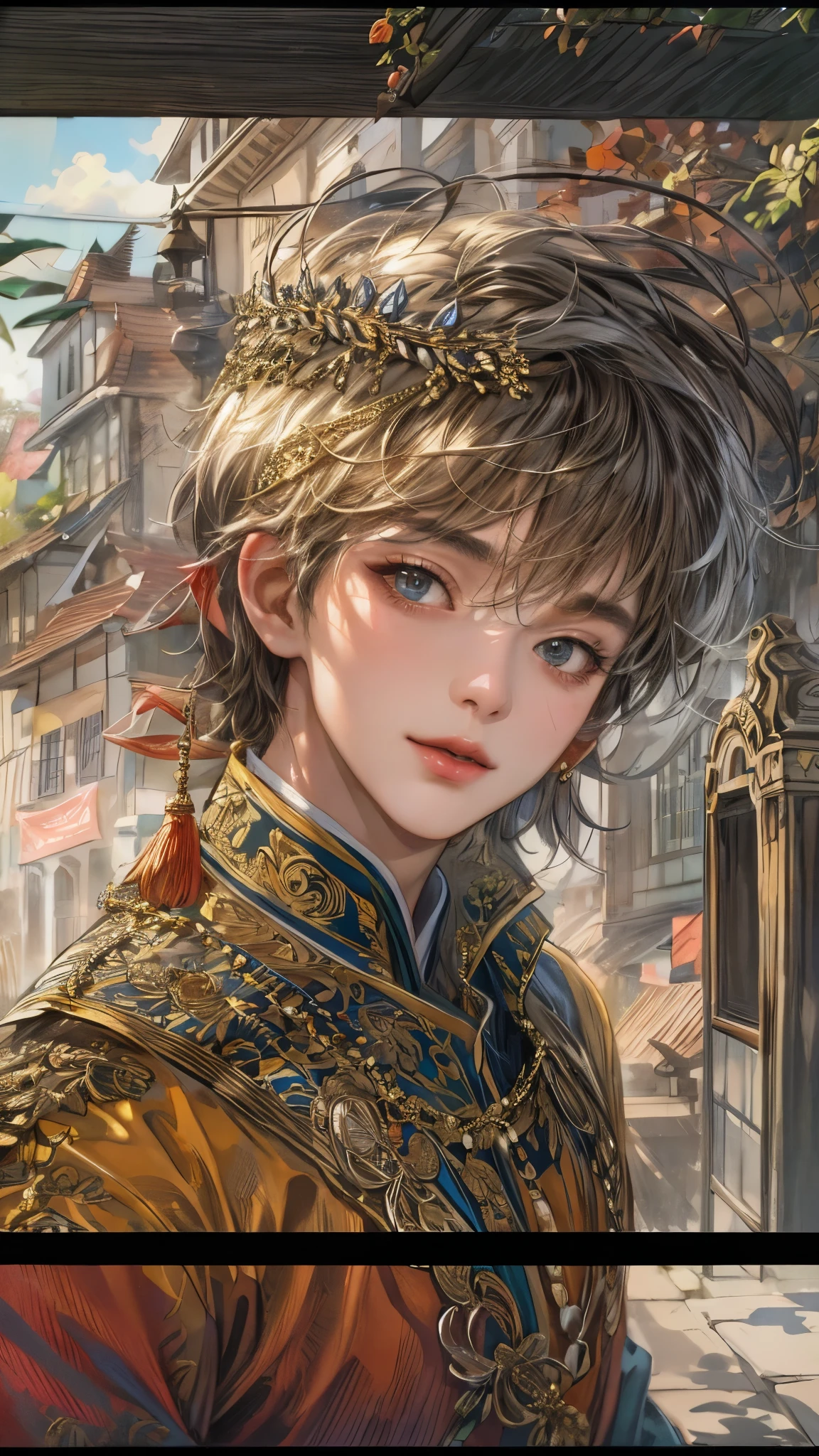 (masterpiece,best quality,ultra_detailed,highres,absurdres), close-up , perfect face, handsome boy, shorthair, Philippine ethnic costume, detailed scenery of town england style, detailed character