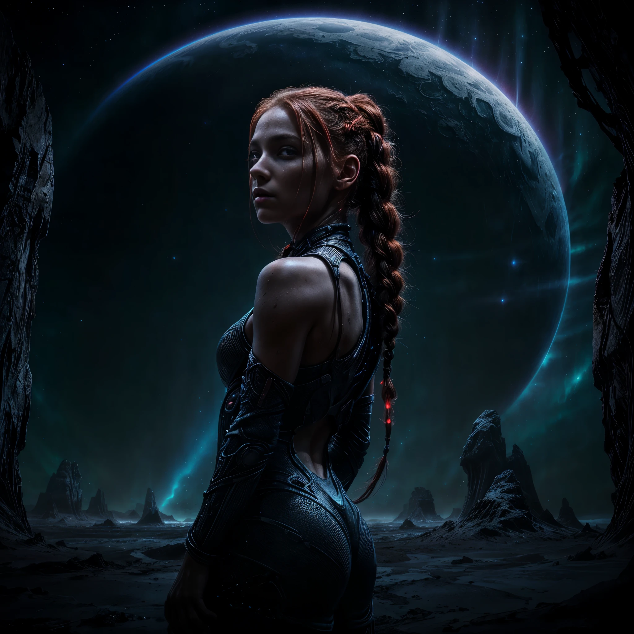 portrait of a beautiful girl, cyborg, standing alone in the expanse of an alien landscape, her red braid cascading over her shoulders, luminous and bioluminescent horizon, (((perfect face))),((perfect eyes))