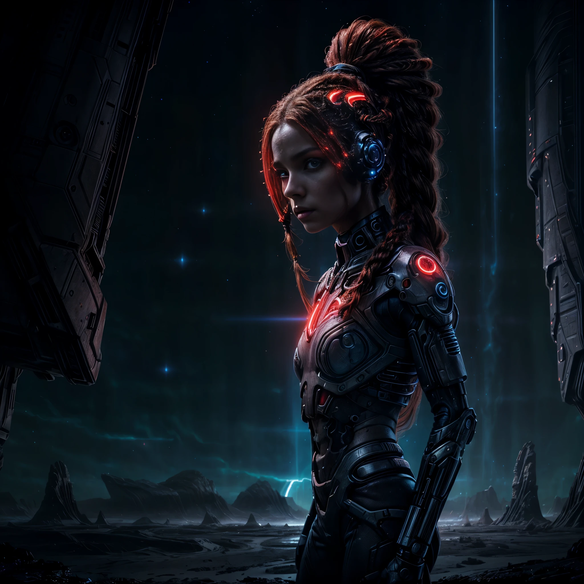 portrait of a beautiful girl, cyborg, standing alone in the expanse of an alien landscape, her red braid cascading over her shoulders, luminous and bioluminescent horizon, (((perfect face))),((perfect eyes))