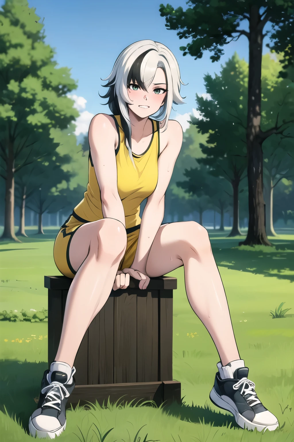 arlecchino,((best quality)), ((masterpiece)), (detailed), perfect face,1girl, solo, long hair, looking at viewer, blush, shirt, upper body, teeth,, mole, mole on neck,1girl, solo, breasts, looking at viewer, breasts, sitting, outdoors,sky, shorts, sleeveless, alternate costume, tree, hand between legs, yellow shirt, sportswear, gym shorts, basketball uniform, yellow tank top,number 3,sweat,jersey numbber 3,full body,1girl, solo, long hair, breasts, looking at viewer, bangs, large breasts, bare shoulders, sitting, outdoors, sky, shoes, teeth, day, pants, mole, tree, mole under eye, grass, sneakers, sportswear, basketball,white hair