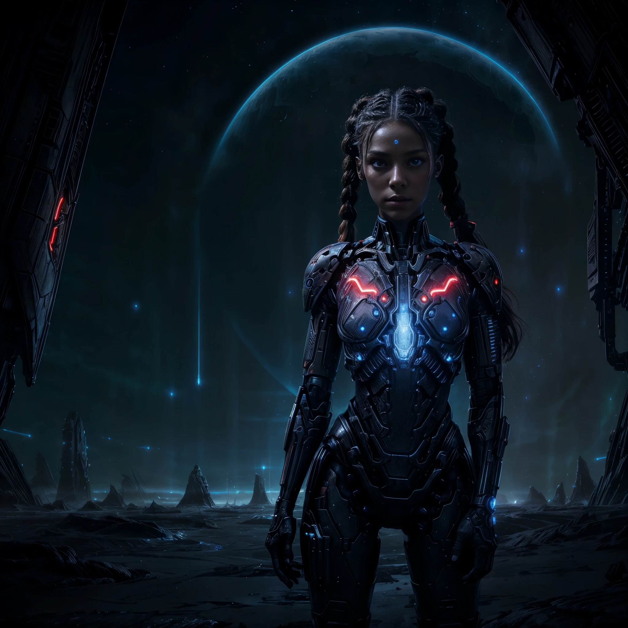 portrait of a beautiful girl, cyborg, standing alone in the expanse of an alien landscape, her red braid cascading over her shoulders, luminous and bioluminescent horizon, (((perfect face))),((perfect eyes))