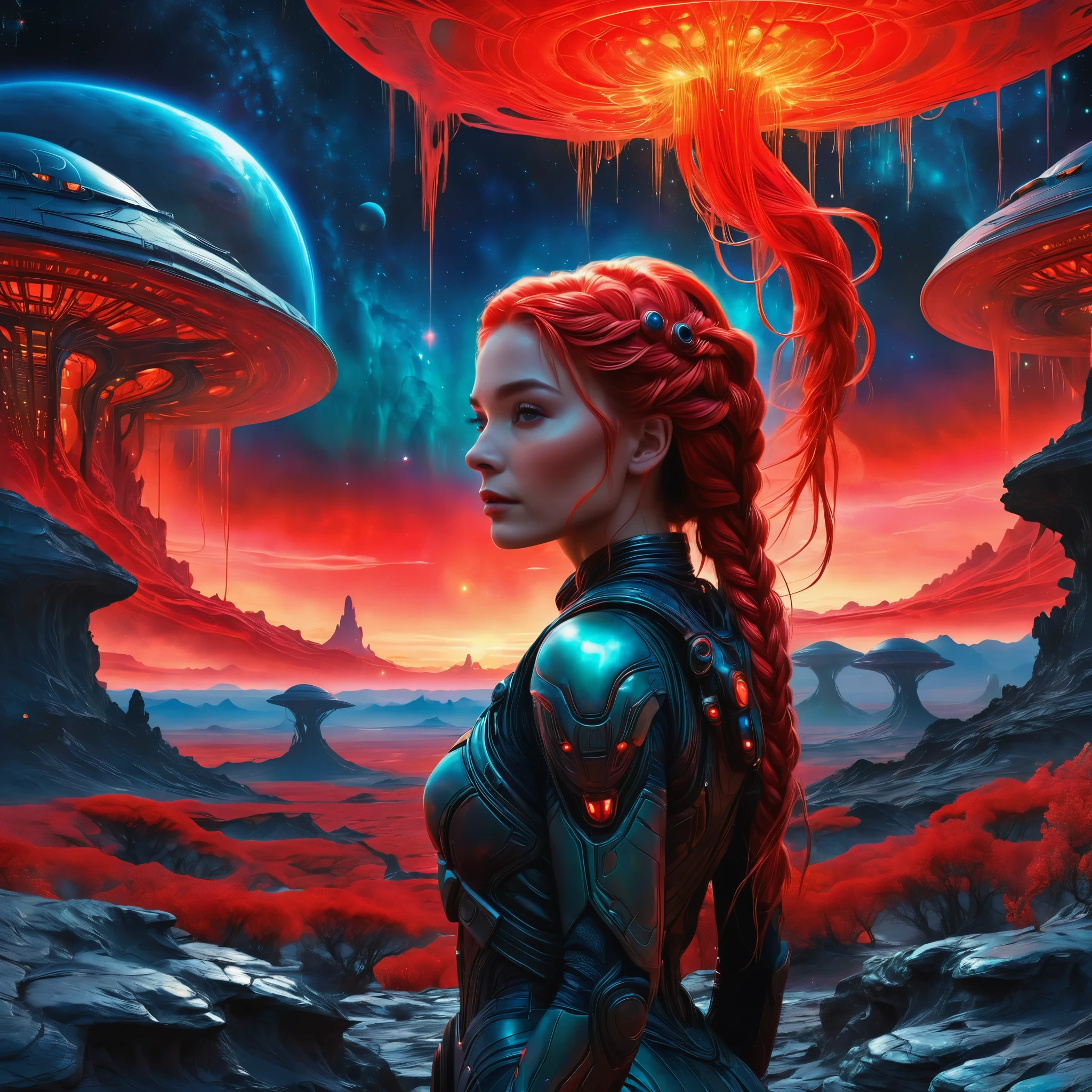 portrait of a beautiful girl, standing alone in the expanse of an alien landscape, her red braid cascading over her shoulders, luminous and bioluminescent horizon,