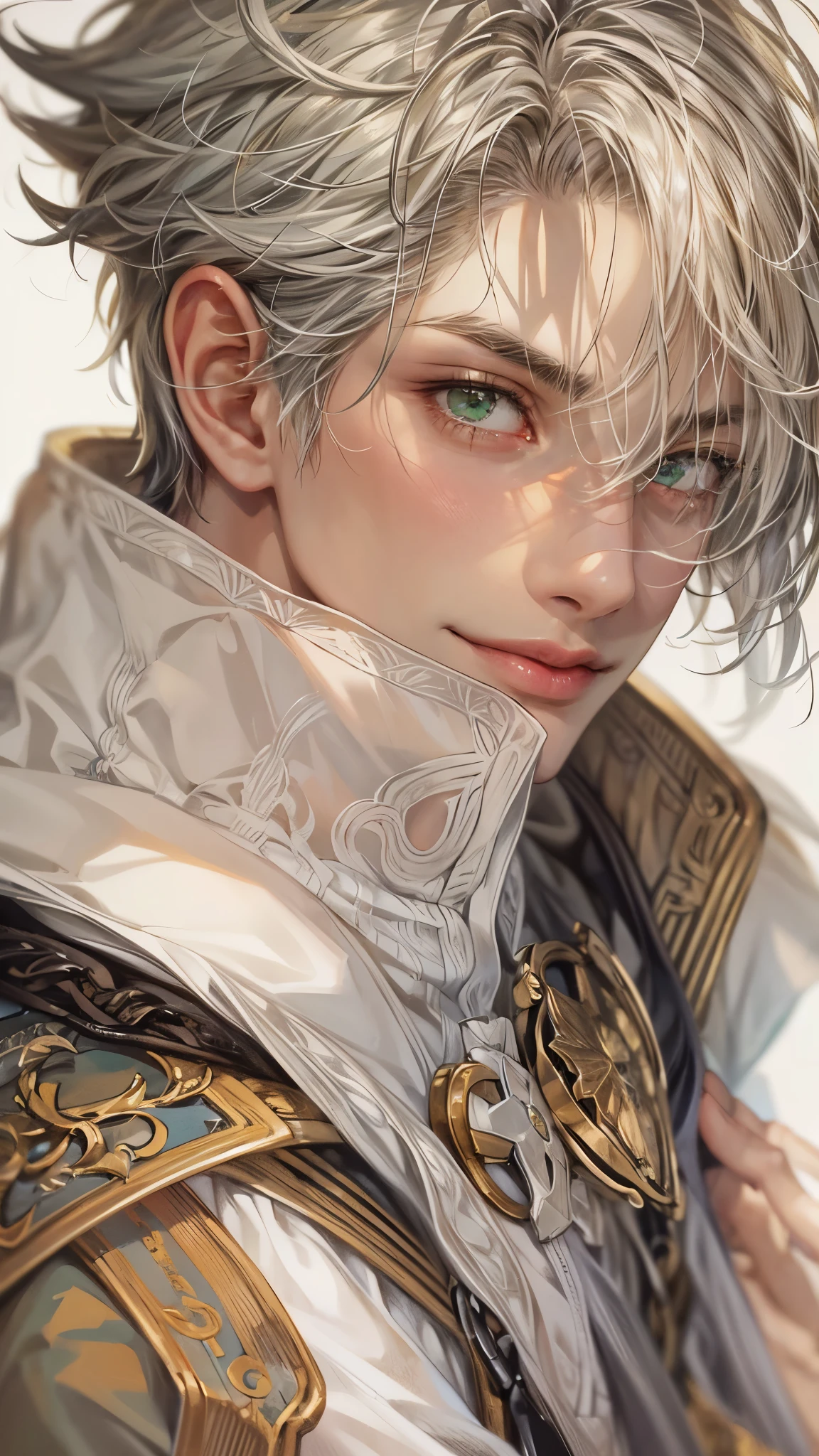 Portrait of the highest quality - 1 boy., , teenage, character from Final Fantasy XII, grey hair color, short hair, with green eyes, big eyes, town, Solo-focal facial treatment for teenagers, shirtless , Beautiful, smiling, dynamic pose, detailed and correct facial structure, perfect face, extremely detailed, Dynamic angle, cowboy shot, The Most Beautiful Shape, elegant, Bright colors, romanticism, atmospheric. Bright, contrasting colors ! photo portrait of a handsome boy in the highest quality