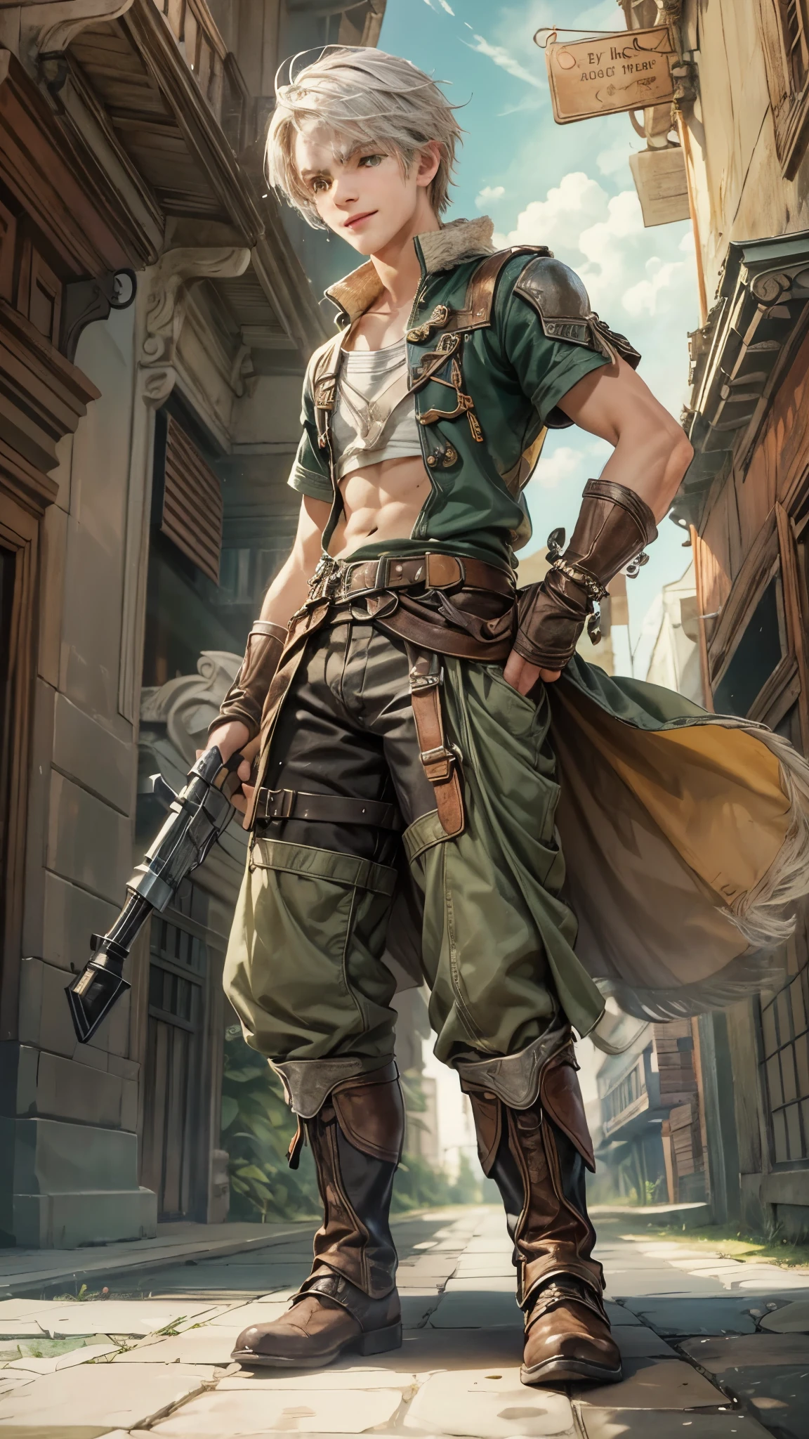 Portrait of the highest quality - 1 boy., 17 years, teenage, character from Final Fantasy XII, grey hair color, short hair, with green eyes, big eyes, town, Solo-focal facial treatment for teenagers, shirtless , Beautiful, smiling, dynamic pose, detailed and correct facial structure, perfect face, extremely detailed, Dynamic angle, cowboy shot, The Most Beautiful Shape, elegant, Bright colors, romanticism, atmospheric. Bright, contrasting colors ! photo portrait of a handsome boy in the highest quality