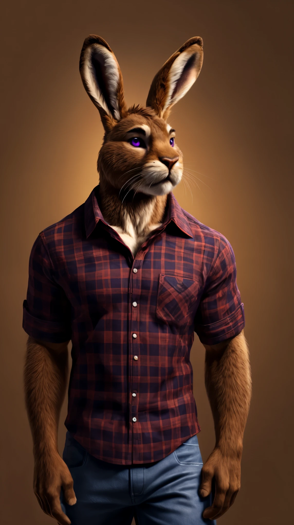 Masterpiece, Solo, Furry Brown Hare, Brown Fur, Purple Eyes, Brown Medium Hair, Thick Black Eyebrows, Medium Muscular Body, Cool Pose, Charming, Handsome, Good Looking, Casual Shirt, Frowning, Looking To Front.