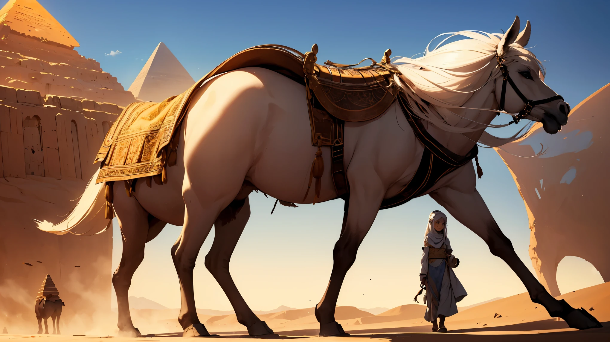 perfect detailed cute face, 8k quality, high resolution quality,In the Egyptian desert, the light of the setting sun illuminates the ancient pyramids and Sphinx. As the wind blows through the desert, the colors of dusk dye the earth. Amidst this serene scene, a lone traveler walks the sand dunes with a calm demeanor. The traveler, a young girl with white hair and brown skin, carries herself gracefully across the landscape.quietly.edgGesugao,ARISTYLE4,no_humans,niji,midjourney,SAM YANG,weapon,bodyconc,free style,ASU1,sketch.Arabian dress,She rides a camel.,Nature,Landscape