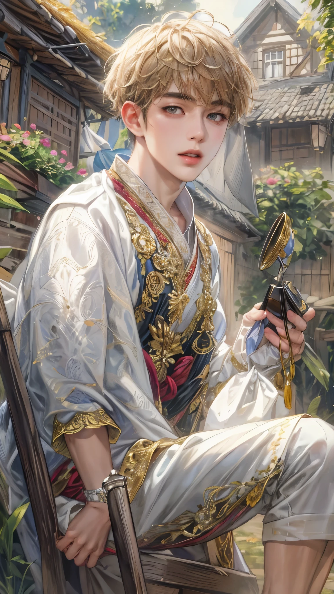 (masterpiece,best quality,ultra_detailed,highres,absurdres), close-up , perfect face, handsome boy, shorthair, Philippine ethnic costume, detailed scenery of town england style, detailed character