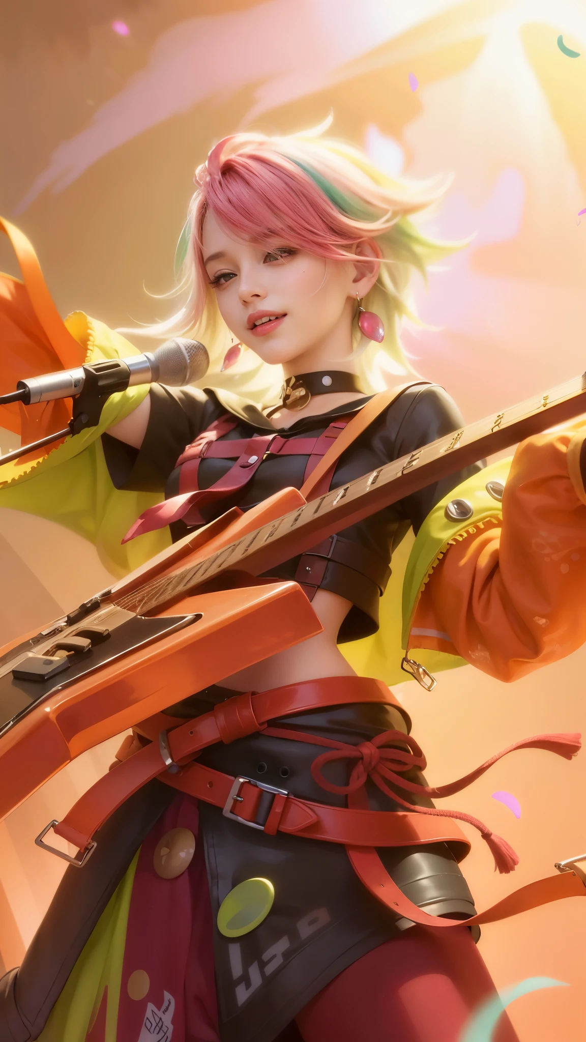 (8k, RAW photo, photorealistic:1.25) ,( lipgloss, eyelashes, gloss-face, glossy skin, best quality, ultra highres, depth of field, chromatic aberration, caustics, Broad lighting, natural shading, looking at viewer with a serene and goddess-like happiness, ultra detailed texture, hyper realistic, detailed texture, detailed face, detailed skin, detailed hair, real hair, detail eyes, detail ear, real ear, cinematic background, a girl with pink hair holding a guitar, smile happy