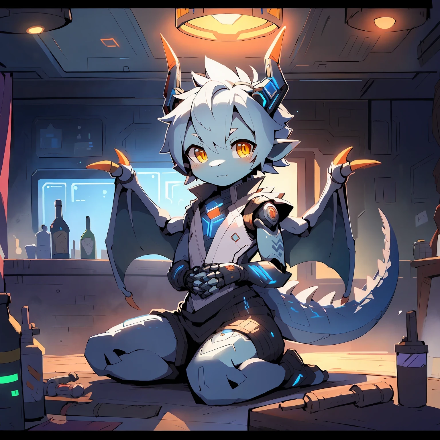 tmasterpiece,HighestQuali,gentle illumination,Complicated details,Soft lines,Sharp focus,byself,16k,human - shaped,Sci-fi Future,Slim size,Young dragons,male people,Shota,cute face,Android,droid,Virtual screen,Mechanical joints,Luminescent tattoo,Elongated dragon horns,Silver short bob hair,Elongated tail,Scaly skin,Blue and black color scheme,Silvery-white mechanical skin,scale texture,Circuit pattern,antennas,Earphone,Scales all over the body,Hiryu,Dragon wings,glowing circuitry,Spikes,Spines,Amber pupils,cloaks,trouser,pub,inside in room,Sit Pose,drinks,Squat。