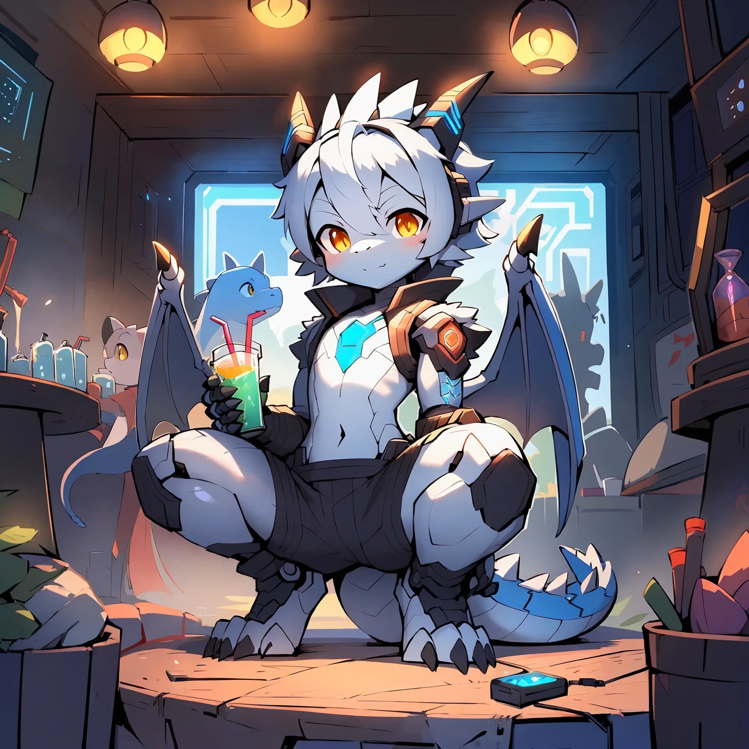 tmasterpiece,HighestQuali,gentle illumination,Complicated details,Soft lines,Sharp focus,byself,16k,human - shaped,Sci-fi Future,Slim size,Young dragons,male people,Shota,cute face,Android,droid,Virtual screen,Mechanical joints,Luminescent tattoo,Elongated dragon horns,Silver short bob hair,Elongated tail,Scaly skin,Blue and black color scheme,Silvery-white mechanical skin,scale texture,Circuit pattern,antennas,Earphone,Scales all over the body,Hiryu,Dragon wings,glowing circuitry,Spikes,Spines,Amber pupils,cloaks,trouser,pub,inside in room,Sit Pose,drinks,Squat。