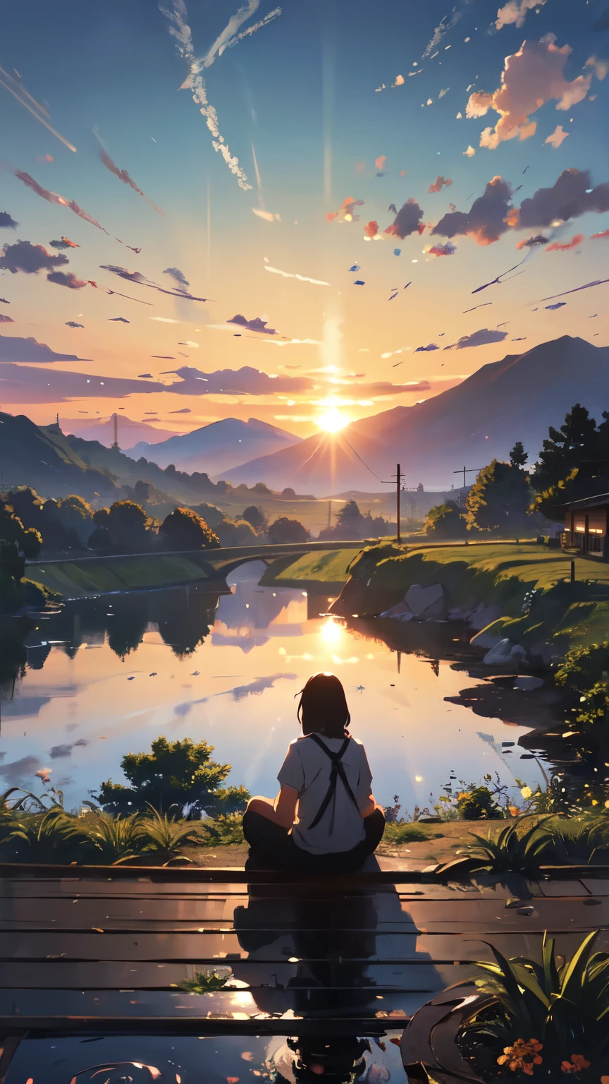 ((best quality)), ((masterpiece)), (detailed), Miyazaki painting style, illustration, over-the-shoulder perspective, back, halo, a young men sitting under the eaves of green bricks, there is a rolling mountain in the distance, the top of the mountain is a reddish sunset, below the mountain is a square rice field, pond, the edge of the blue sky is shining with orange red, the foreground of the photo can see a little black tile eaves, realistic oil painting, perfect face 