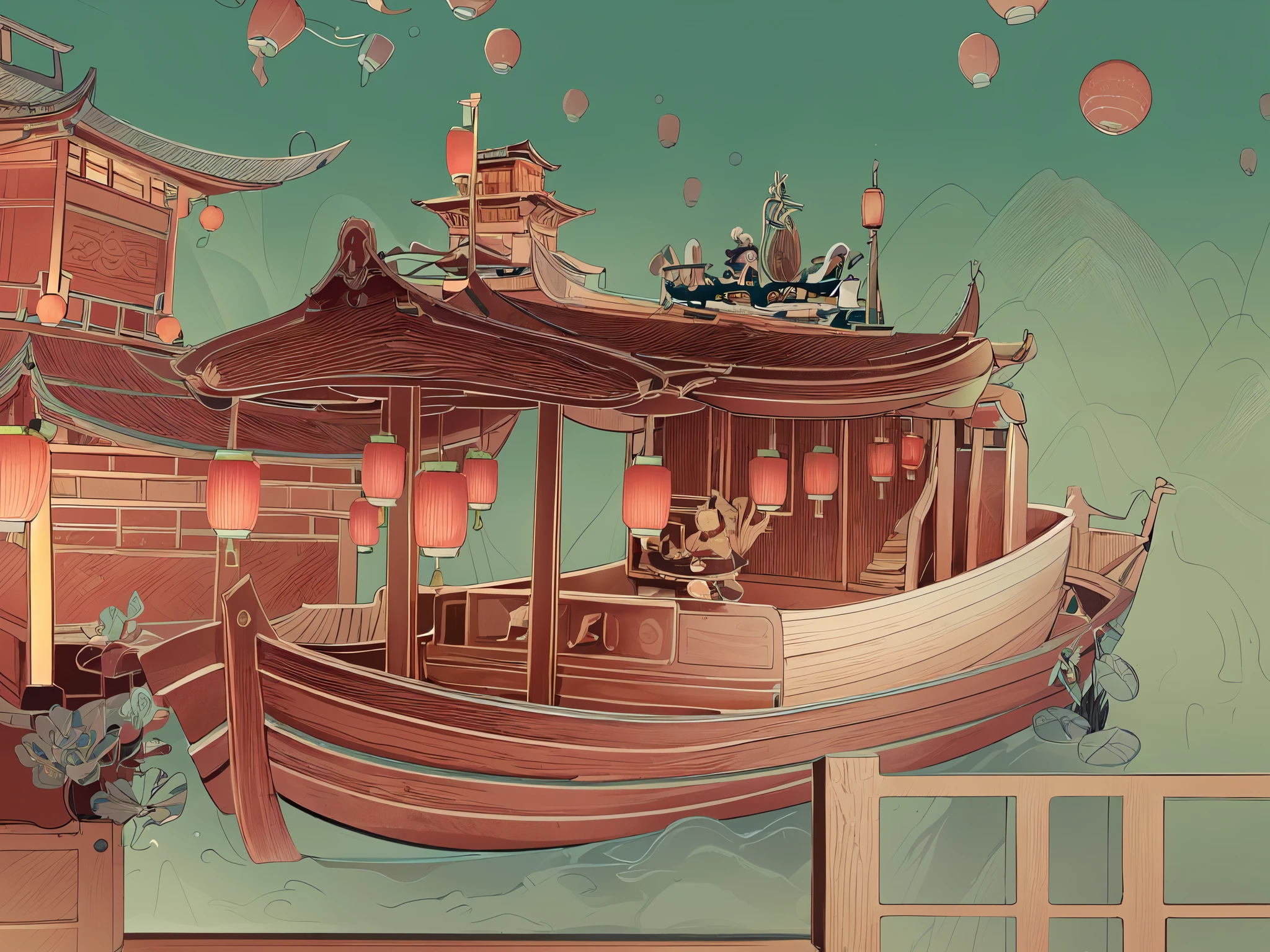 Chinese children row Dragon State during the Chinese festival to celebrate the Dragon Boat Festival #Chinese Dragon #zongzi #sunshine #lake #3D #illustration #HD #vivid