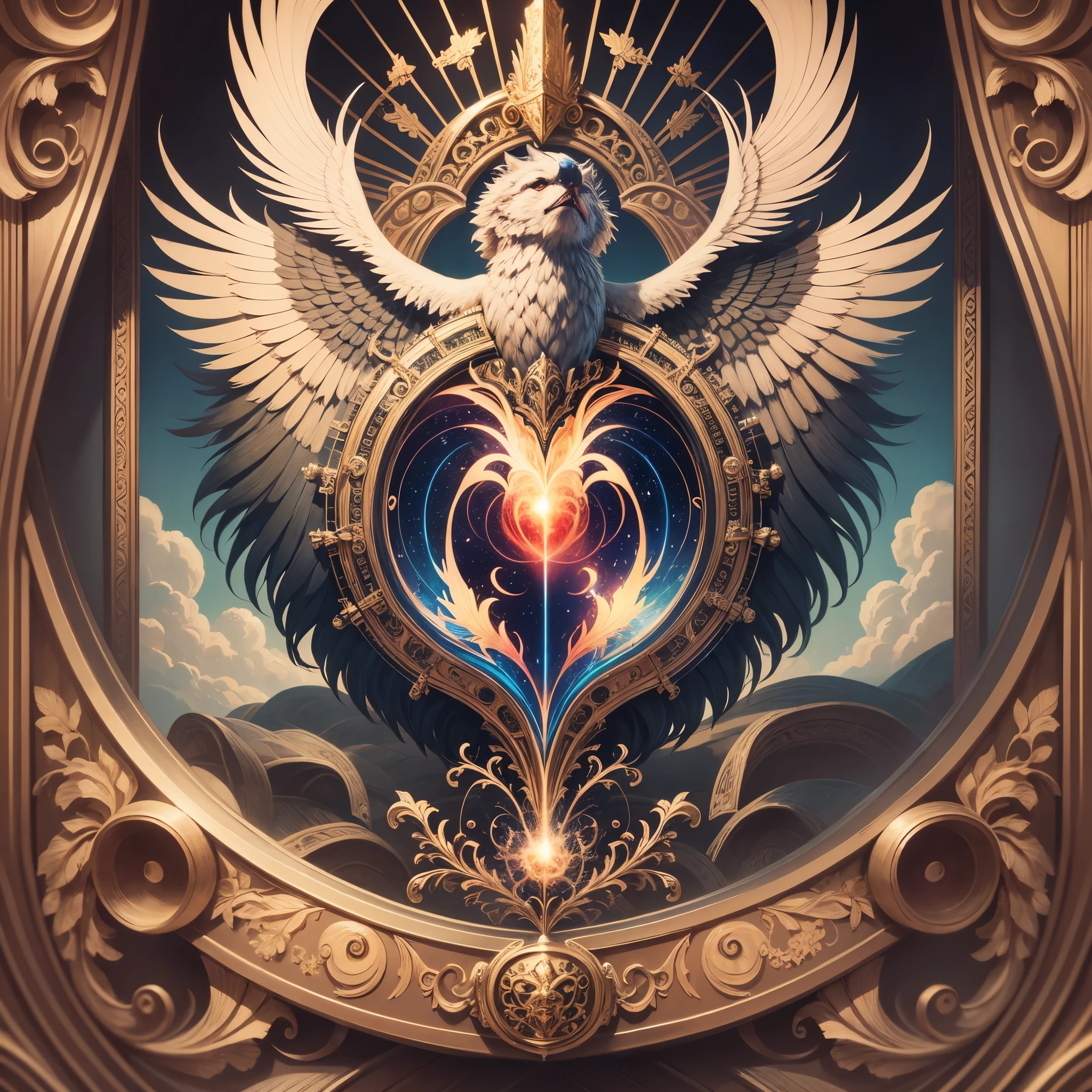 blazing heart coat of arms and gold details art surrealism