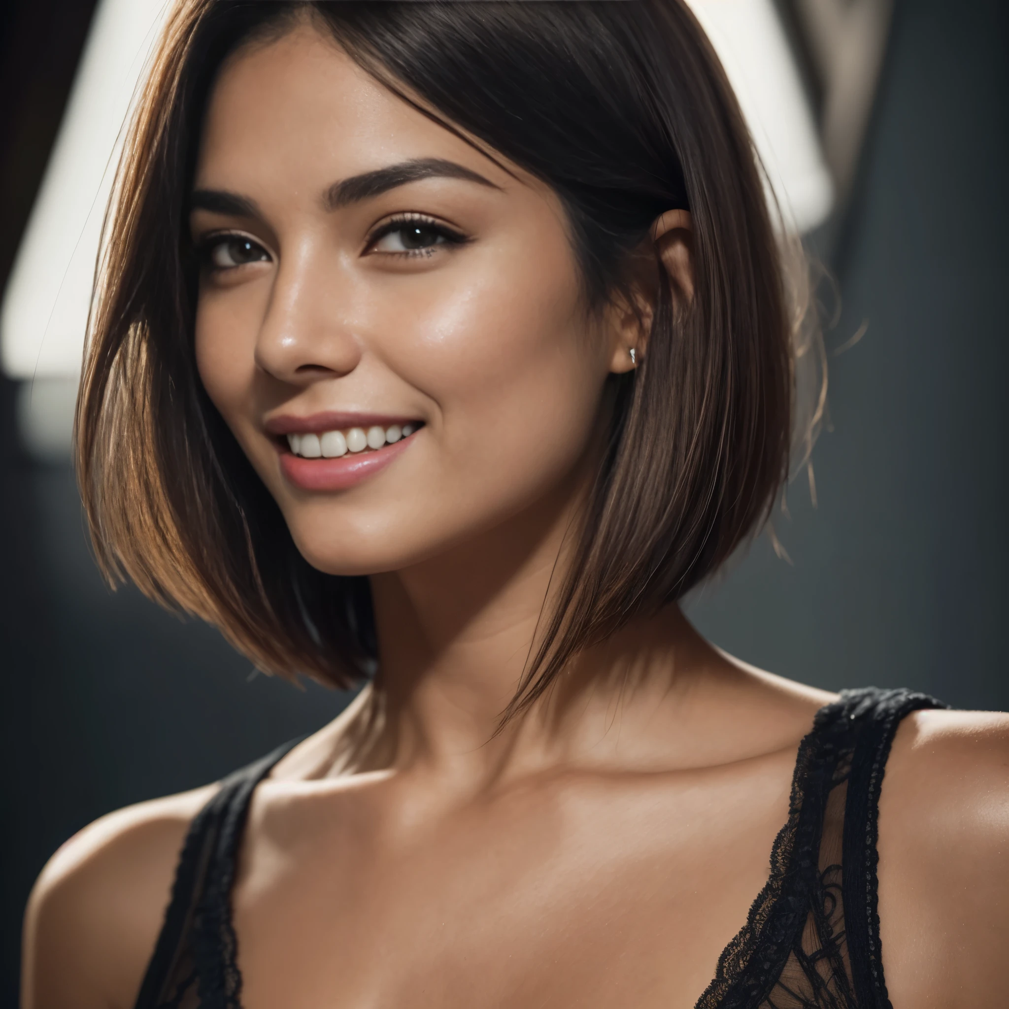 Isabela Merced, portrait photo, close-up of face, bob_cut hair, smiling seductively, (skin texture:1.1), (high detail face:1.1),high detail body, high detail clothes, (masterpiece), (realistic), ultra high definition, 4k, ultra high resolution, film grain, cinematic lighting, rim lighting, photo by Mark Mann, RAW image