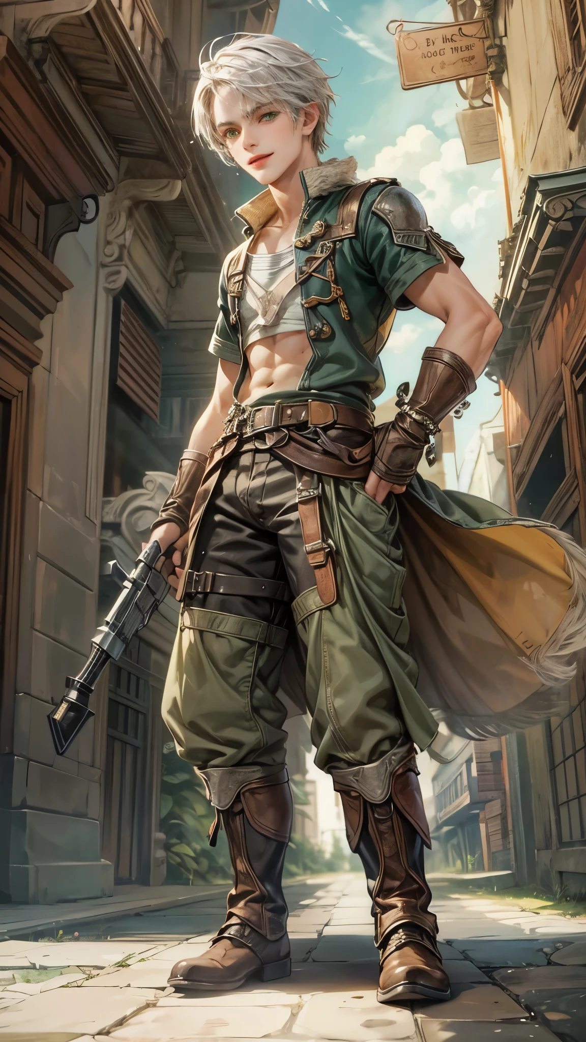 Portrait of the highest quality - 1 boy., 17 years, teenage, character from Final Fantasy XII, grey hair color, short hair, with green eyes, big eyes, town, Solo-focal facial treatment for teenagers, shirtless , Beautiful, smiling, dynamic pose, detailed and correct facial structure, perfect face, extremely detailed, Dynamic angle, cowboy shot, The Most Beautiful Shape, elegant, Bright colors, romanticism, atmospheric. Bright, contrasting colors ! photo portrait of a handsome boy in the highest quality