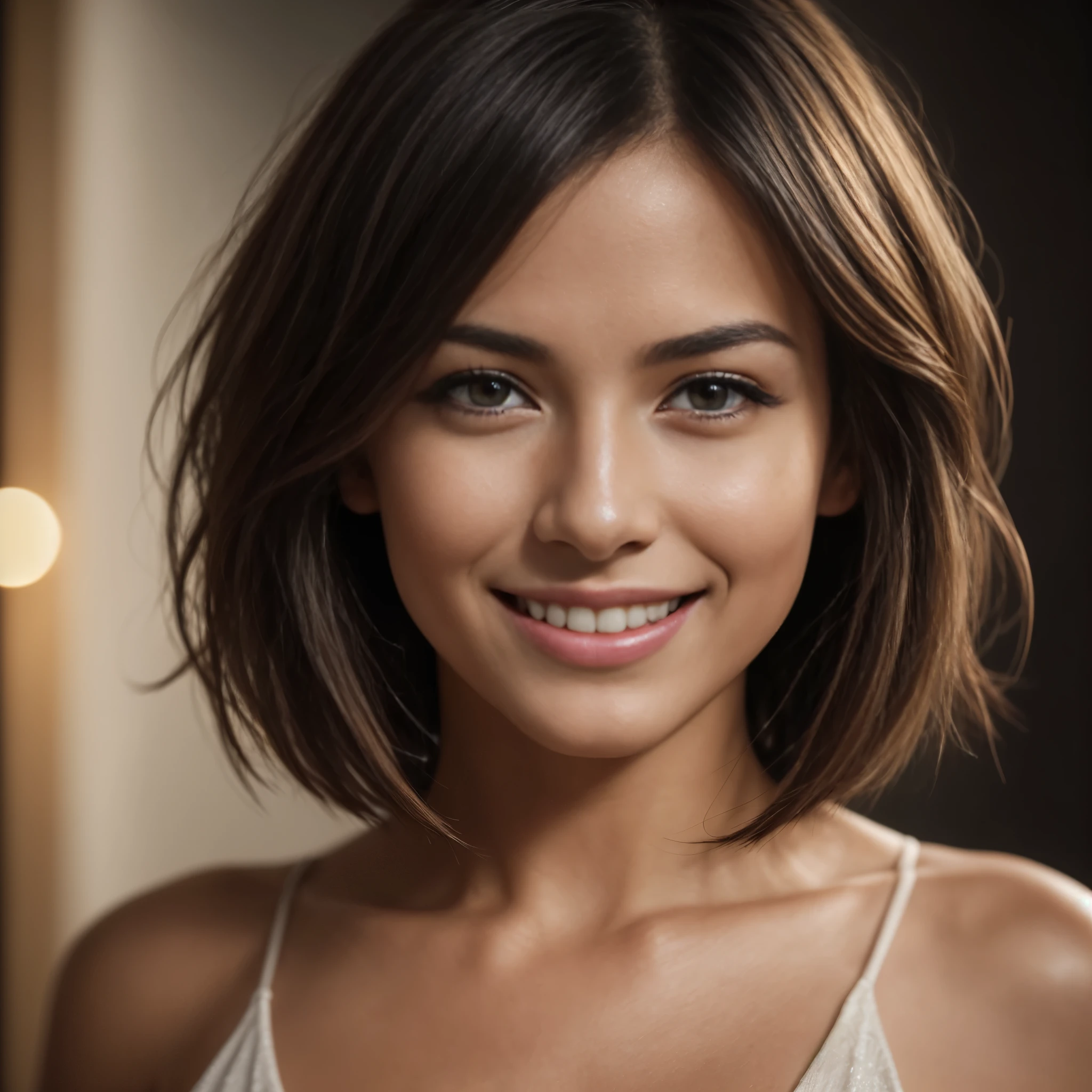 Isabela Merced, portrait photo, close-up of face, bob_cut hair, smiling seductively, (skin texture:1.1), (high detail face:1.1),high detail body, high detail clothes, (masterpiece), (realistic), ultra high definition, 4k, ultra high resolution, film grain, cinematic lighting, rim lighting, photo by Mark Mann, RAW image
