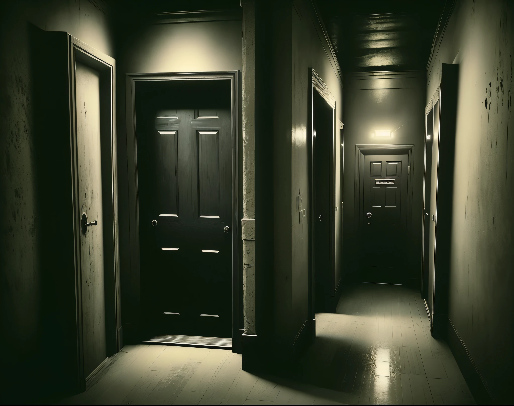 there is a dark room with a door and a light on, an empty backroom at night, personal room background, room with eerie feeling, creepy backrooms, long dark hallway, dark hallway, the scary empty liminal spaces, eerie room, very dark room, set in bank vault room, dimly lit room, matte background. unreal engine