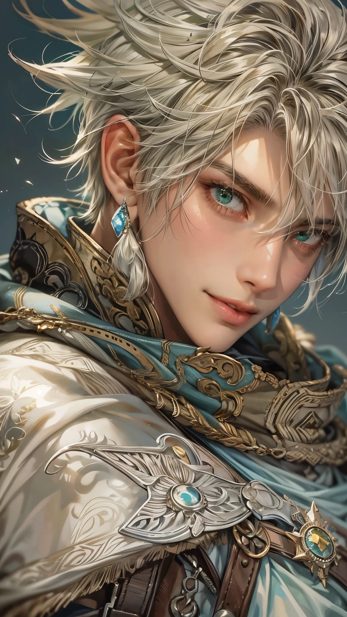 Portrait of the highest quality - 1 boy., 17 years, teenage, character from Final Fantasy XII, grey hair color, short hair, with green eyes, big eyes, town, Solo-focal facial treatment for teenagers, shirtless , Beautiful, smiling, dynamic pose, detailed and correct facial structure, perfect face, extremely detailed, Dynamic angle, cowboy shot, The Most Beautiful Shape, elegant, Bright colors, romanticism, atmospheric. Bright, contrasting colors ! photo portrait of a handsome boy in the highest quality