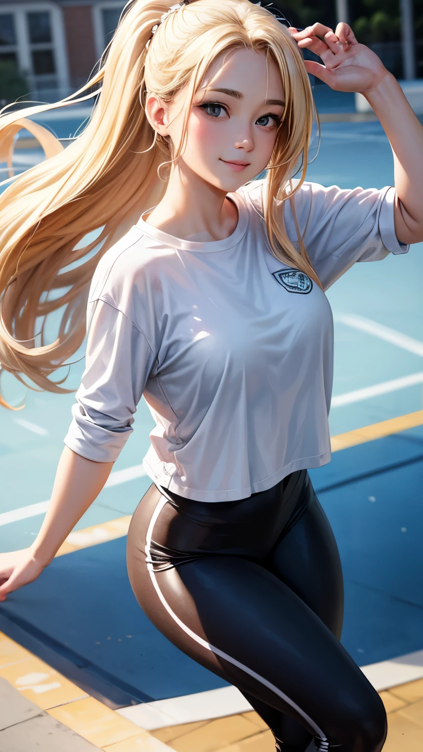 In a full shot, depict a woman with blonde hair, wearing leggings and a white shirt. She is the queen of physical education and she has a smiling expression on her face. The background is a single block. The image should have the best quality, be ultra-detailed, and realistic. The art style should be a portrait. The color tone should be vibrant and the lighting should highlight the subject.