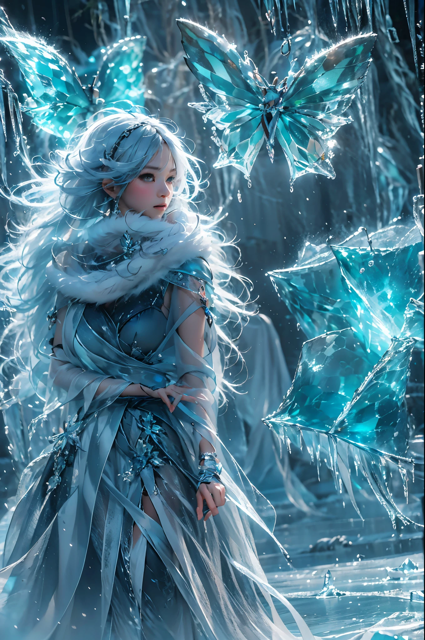 (((1 girl))),dynamic poses,(skirt made of ice:1.5),(magic circle:1.2),magic circle,blue concentric circles,ice crystals,concentric circles of frost,(((icicle))),Ice mist,Ice particle effects,(Ice butterfly:1.2),Amazing results,,best quality,masterpiece,ultra high resolution,detailed,8K resolution,chiaroscuro,NVIDIA RTX