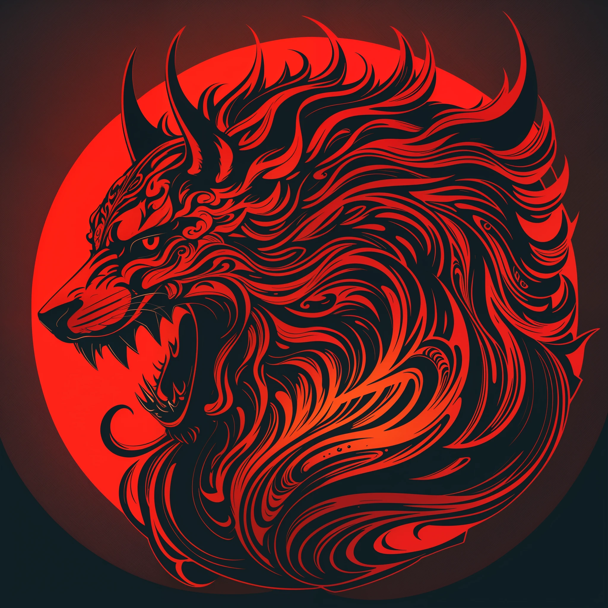 [Red Oni] heraldic silhouette, logo masking style illustration, Dan Mumford, Greg Lutkowski, James Jean, black background, fantasy art, mysterious, realistic, majestic, rich vivid colors, high contrast, seamless water brand, art station, deviant art, dribbling, red bubble, tea public, Sharp focus, simple, hyper detail, detailed drawing, vectorization, outline, isometric style, 8k.