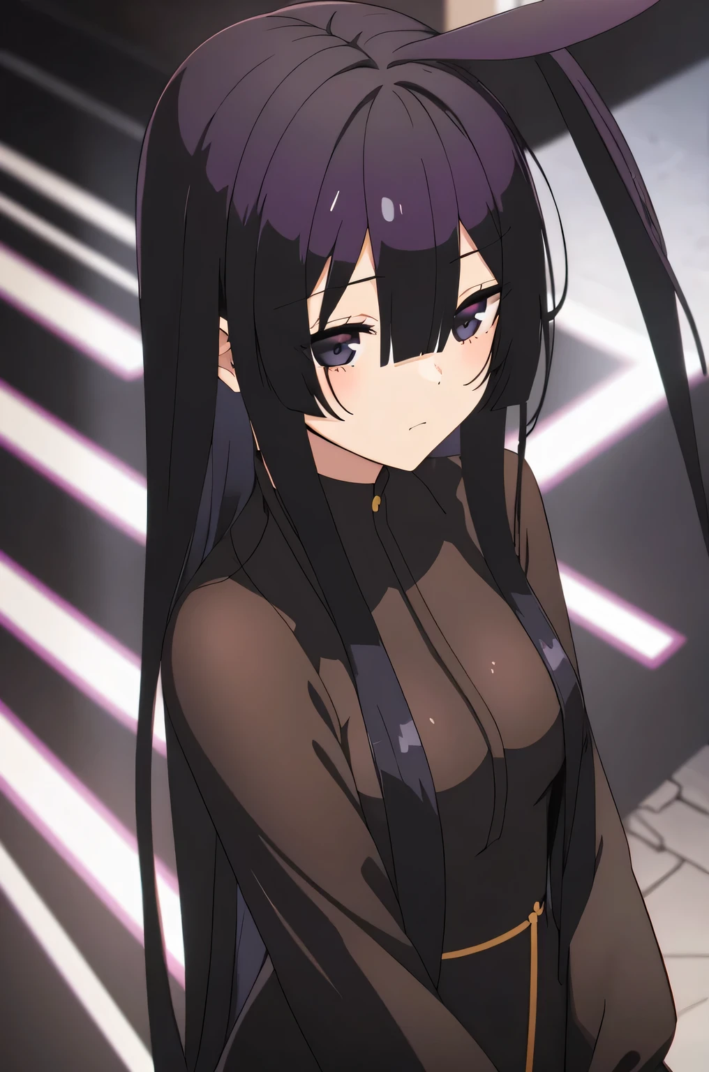 eumi, 1girl, solo, long hair, blunt bangs,bangs, black hair, black eyes,(black bunny suit,bunny ears)
