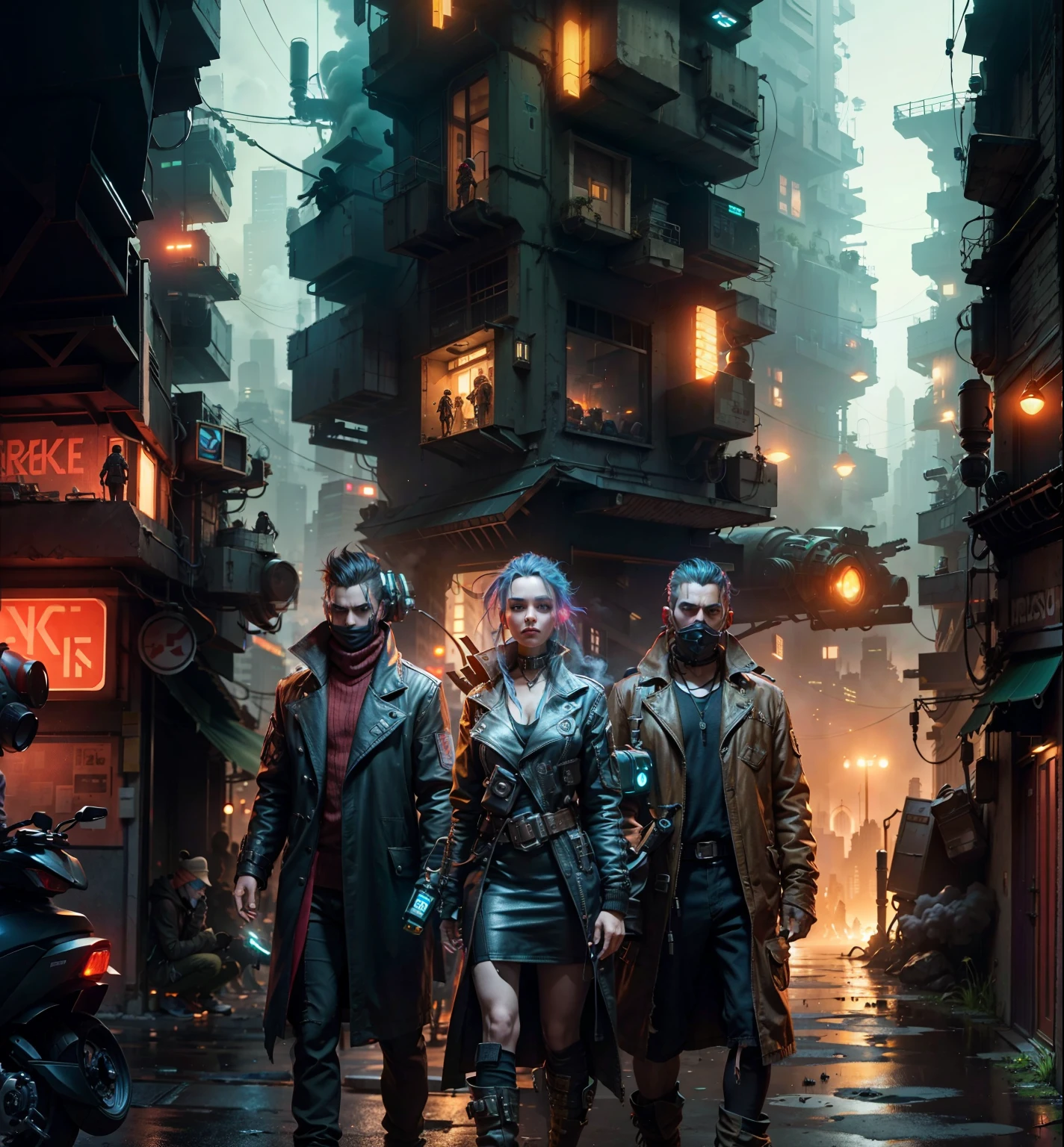 3 Ciberpunk people on in the foreground, in the background is a sci fi city with a lot of buildings lights on and glowing smoke around