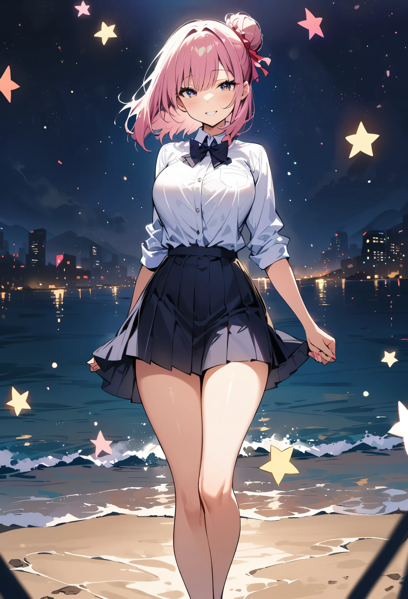 (best quality:1.2, masterpiece:1.2), 1girl, solo, full body, dancing in a stunning midnight setting, bow,bowtie,breasts,hair bun,holding hands,interlocked fingers,long hair,looking at viewer,pink hair,pleated skirt,shirt tucked in,short hair,skirt,smile,tented shirt,surrounded by a sea reflecting the moonlight, with sparkling stars illuminating the scene.