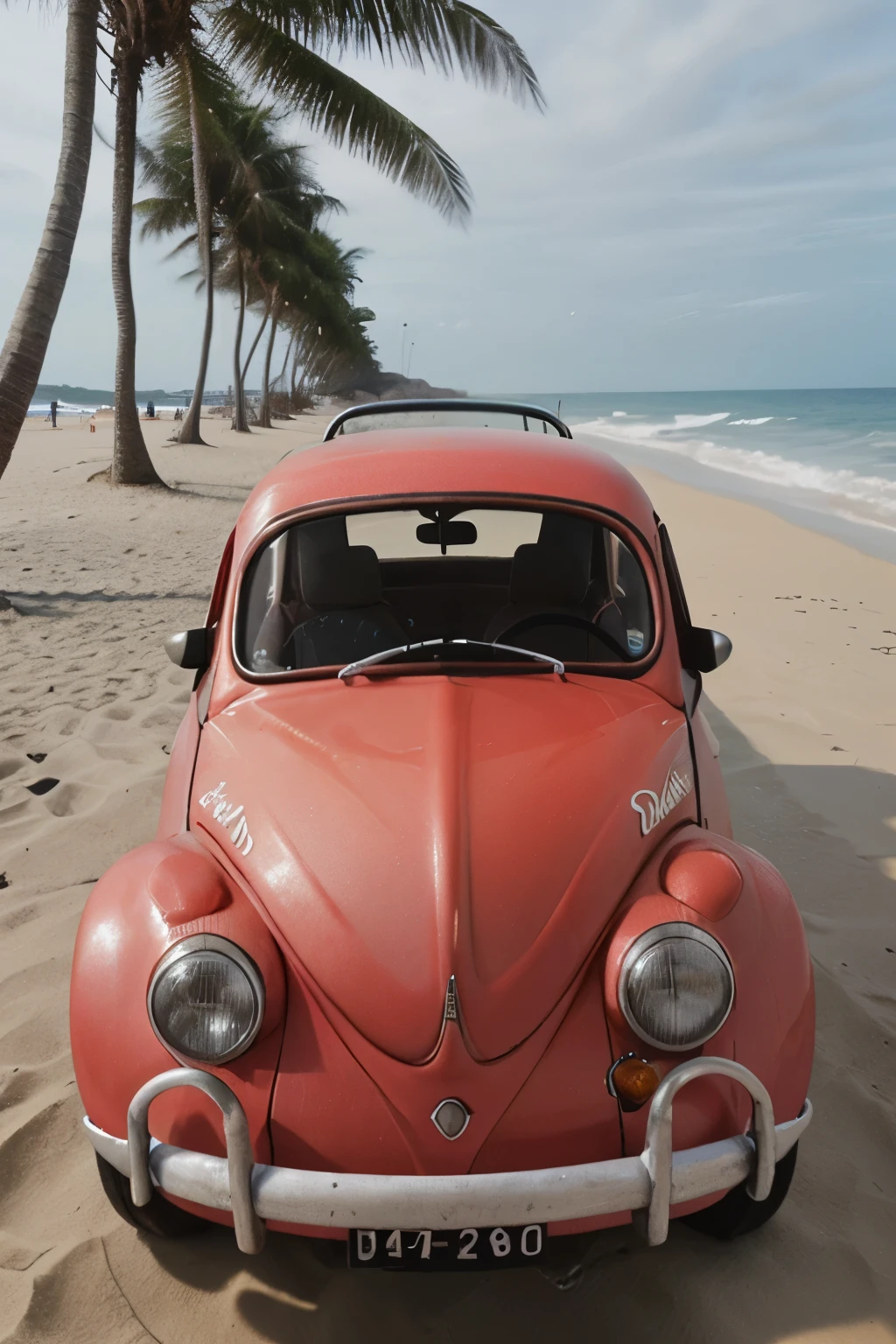 Fusca de cor vermelha, na praia com um senhor de idade dentro
