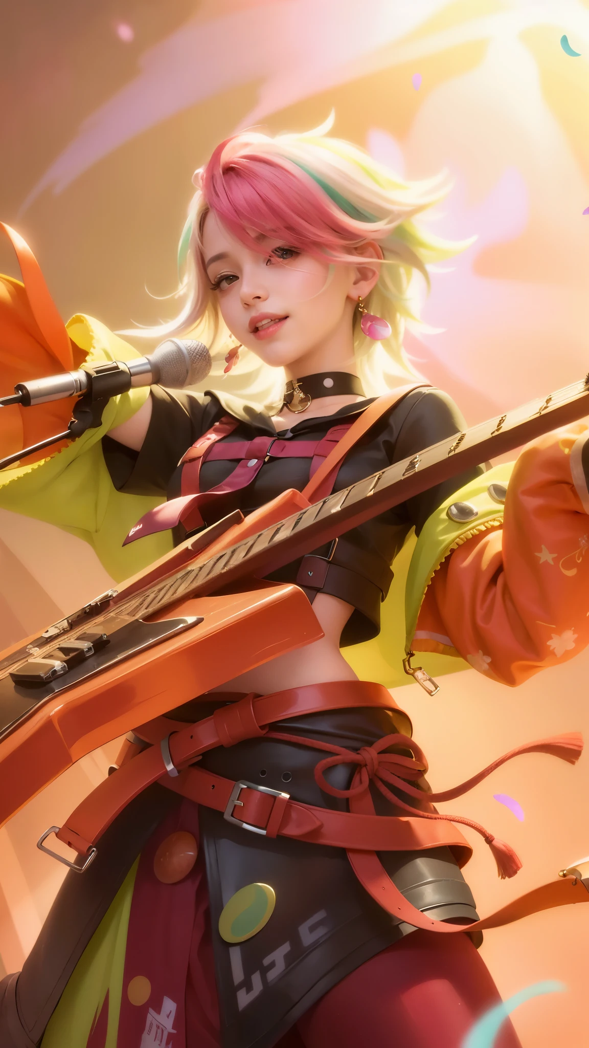 (8k, RAW photo, photorealistic:1.25) ,( lipgloss, eyelashes, gloss-face, glossy skin, best quality, ultra highres, depth of field, chromatic aberration, caustics, Broad lighting, natural shading, looking at viewer with a serene and goddess-like happiness, ultra detailed texture, hyper realistic, detailed texture, detailed face, detailed skin, detailed hair, real hair, detail eyes, detail ear, real ear, cinematic background, a girl with pink hair holding a guitar, smile happy