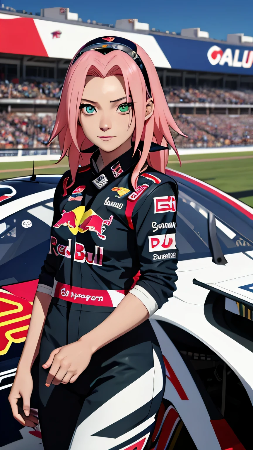 tmasterpiece, Best quality at best, 1girll, Sakura Haruno,Raised sexy,is shy,ssmile,with pink hair, long whitr hair, (Green eyeballs:1.4), Forehead protection, Pole Position, standing beside her red bull nascar car, anime style, bright colors, dynamic lighting, shiny finish, attention to detail, red bull nascar car, wearing red bull race driver suit, exciting atmosphere, vivid expressions