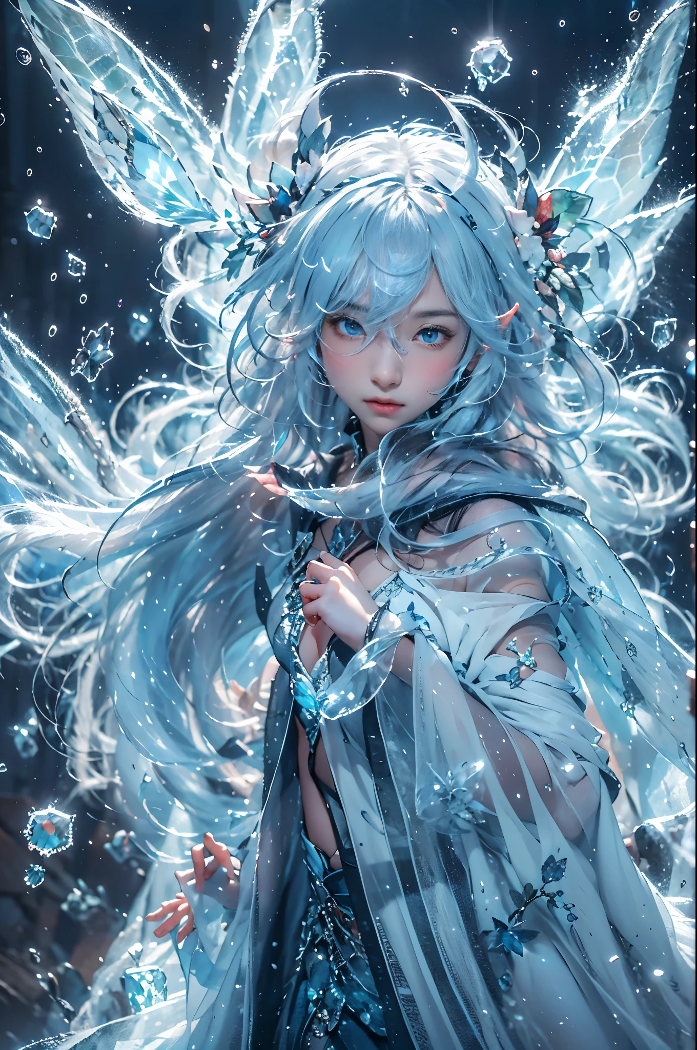 (((1 girl)))，dynamic poses，（skirt made of ice：1.5），（magic circle：1.2），magic circle，blue concentric circles，ice crystals，concentric circles of frost，(((icicle)))，Ice mist，Ice particle effects，（Ice butterfly：1.2），Amazing results，,best quality,masterpiece,ultra high resolution,detailed，8K resolution,chiaroscuro，NVIDIA RTX