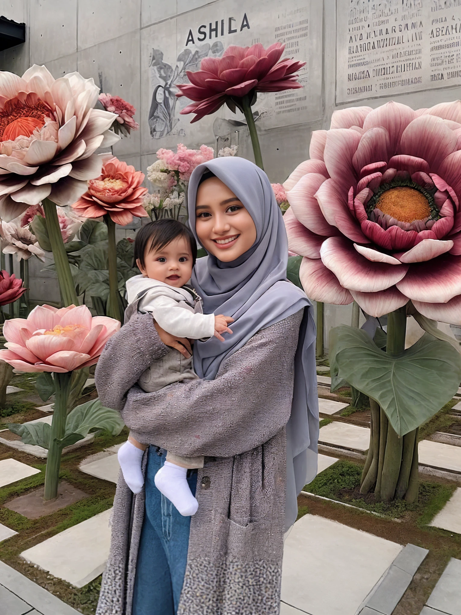 woman holding a baby in front of a large flower display, with flowers, with ivy, hijab, inspired by Nazmi Ziya Güran, with a kid, inspired by Fathi Hassan, beautiful image, in garden, smooth in _ the background, zenra taliyah, instagram picture, flowers in background, 👁🌹👾, in the background, beautiful aesthetic