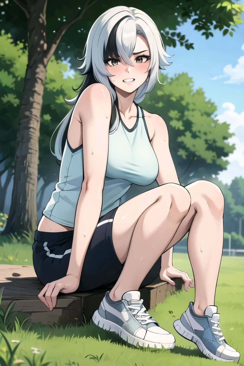 arlecchino,((best quality)), ((masterpiece)), (detailed), perfect face,1girl, solo, long hair, looking at viewer, blush, shirt, upper body, teeth,, mole, mole on neck,1girl, solo, breasts, looking at viewer,  breasts, sitting, outdoors,sky, shorts, sleeveless, alternate costume, tree, hand between legs, yellow shirt, sportswear, gym shorts, basketball uniform, yellow tank top,number 3,sweat,jersey numbber 3,full body,1girl, solo, long hair, breasts, looking at viewer, bangs, large breasts, bare shoulders, sitting, outdoors, sky, shoes, teeth, day, pants, mole, tree, mole under eye, grass, sneakers, sportswear, basketball,white hair
