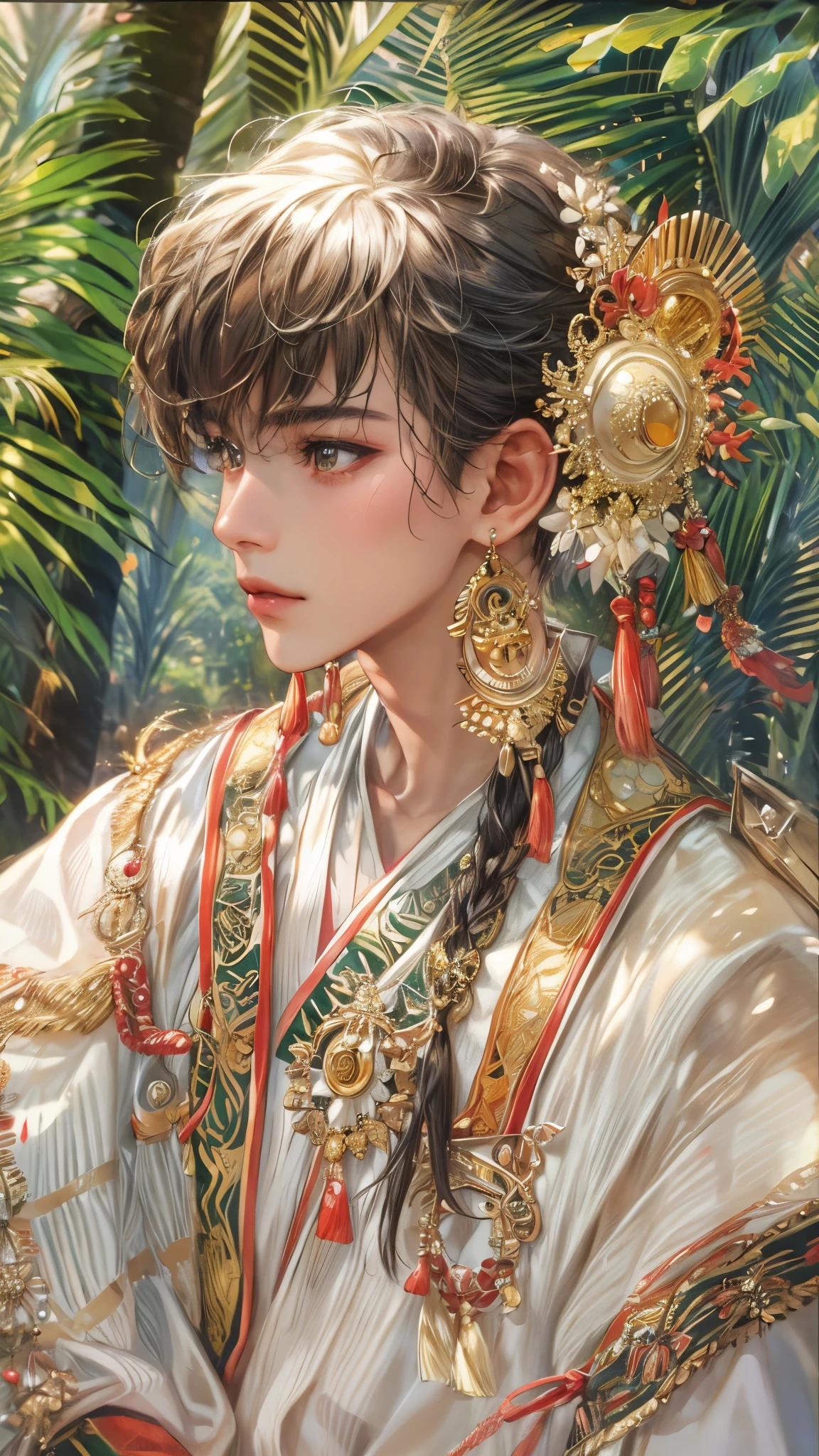 (masterpiece,best quality,ultra_detailed,highres,absurdres), close-up , perfect face, handsome boy, shorthair, Philippine ethnic costume, detailed festival in town scenery, scenery of town Philippines style, detailed character