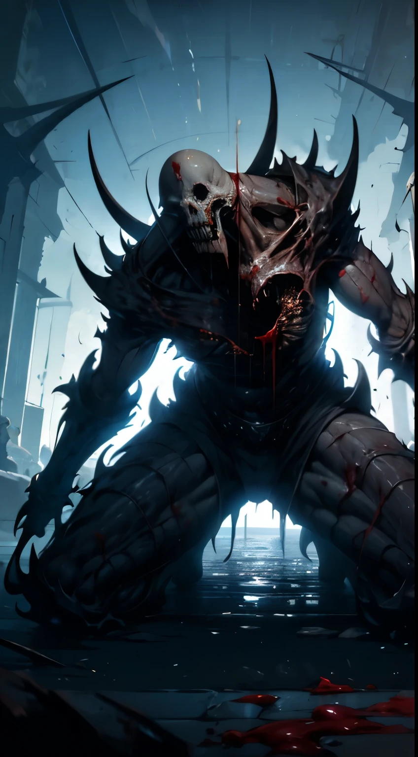(Messenger from hell:1.4),look up from below,hell,magma,inflammation,(Strong pressure sensation 1.4),(紫のinflammation:1.3),fresh blood on the ground,Blood Pond,dripping blood,skeleton remains,((Super huge, thick and sharp huge claws)),(((Black antique terrifying scales))),(((Scales are covered with thick spines)))((very thick and scary scales)),Black scales cover the whole body,((bloodthirsty brutal demon man)),Fight,ugly face,Angel Hi-Lo,Black lightning streaked across the sky,(((A thick sea of clouds swirls beneath your feet...))),(there was blood everywhere),((Blood dripped from between the legs))stereopsis,works of masters,super fine,4K resolution,high quality,light,High quality image details,detailed pubic hair,epic shooting