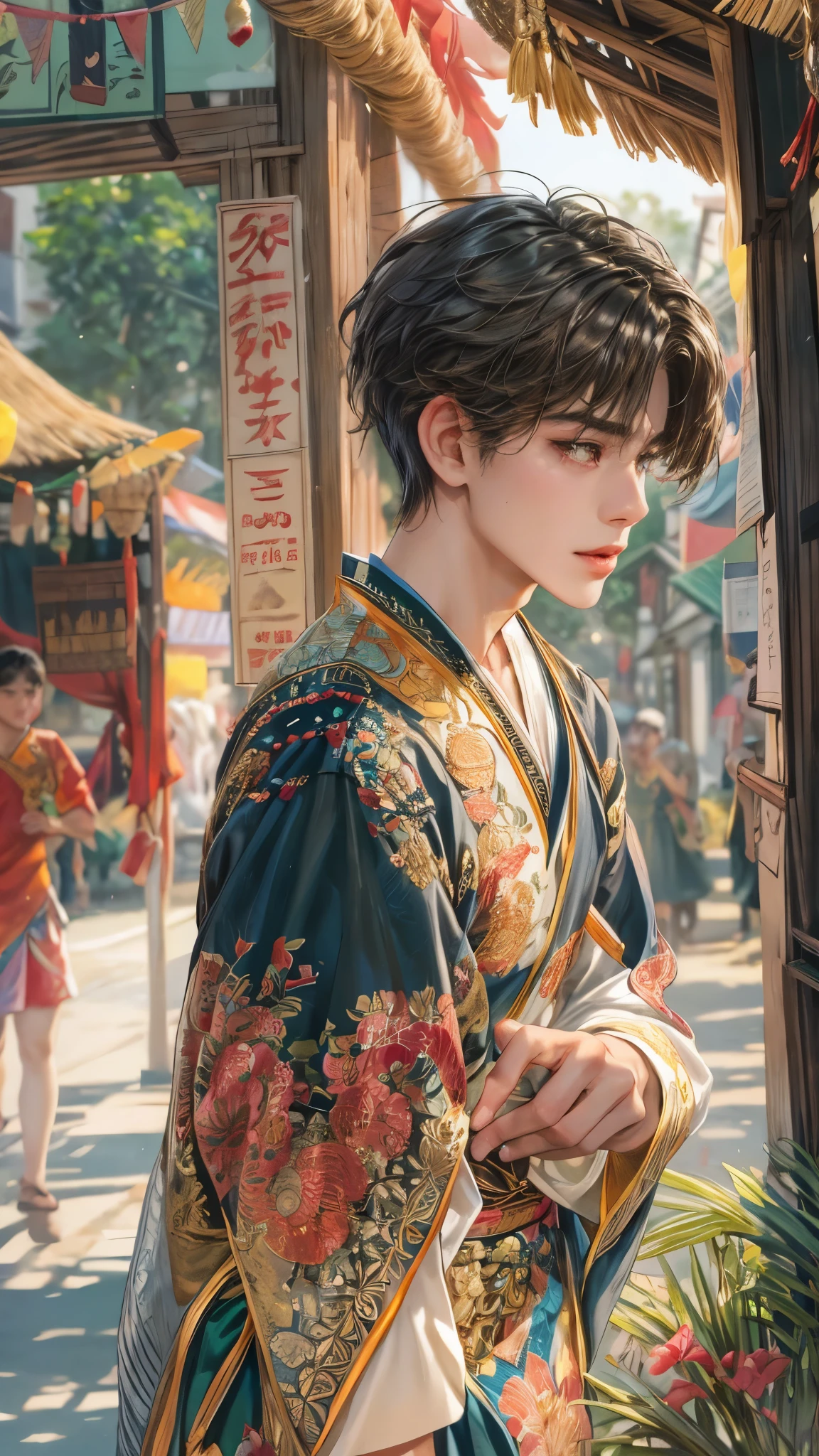 (masterpiece,best quality,ultra_detailed,highres,absurdres), close-up , perfect face, handsome boy, shorthair, Philippine ethnic costume, detailed festival in town scenery, scenery of town Philippines style, detailed character
