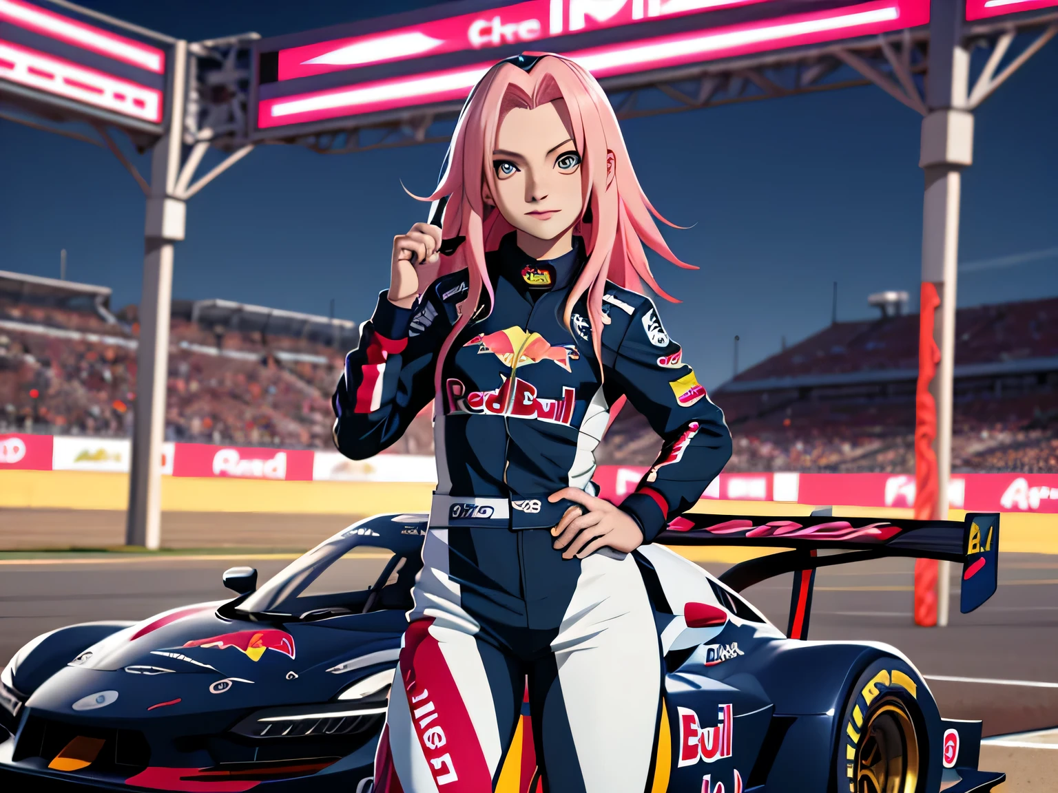tmasterpiece， Best quality at best， 1girll， Sakura Haruno，Raised sexy，is shy，ssmile，with pink hair， long whitr hair， （Green eyeballs:1.4)， Forehead protection, Pole Position, standing beside her car, anime style, bright colors, dynamic lighting, shiny finish, attention to detail, red bull nascar car, wearing red bull race driver suit, exciting atmosphere, vivid expressions