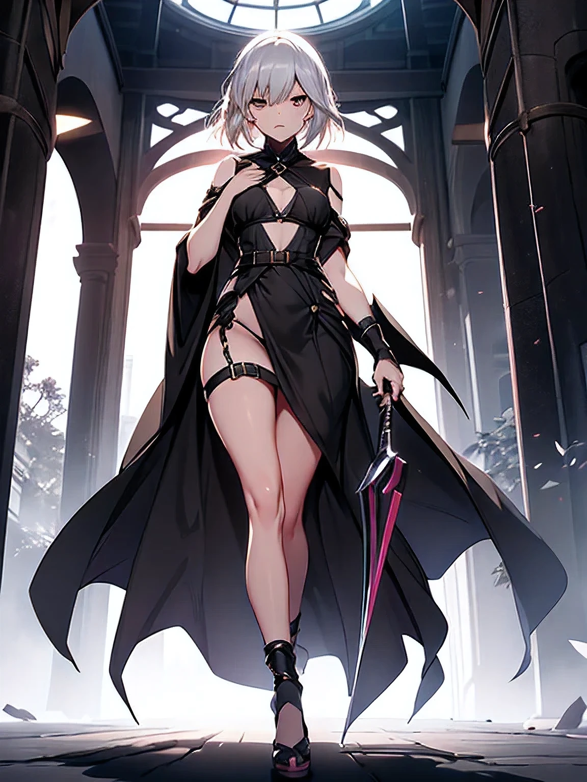 ((Inma)),((beautiful girl)),silver hair,jet black eyes,Have a dagger,(((Bewitching))),emphasize the chest,(beautiful face),looking at the viewer,(((beautiful legs))),Are standing,black robe,noble,Provocative,