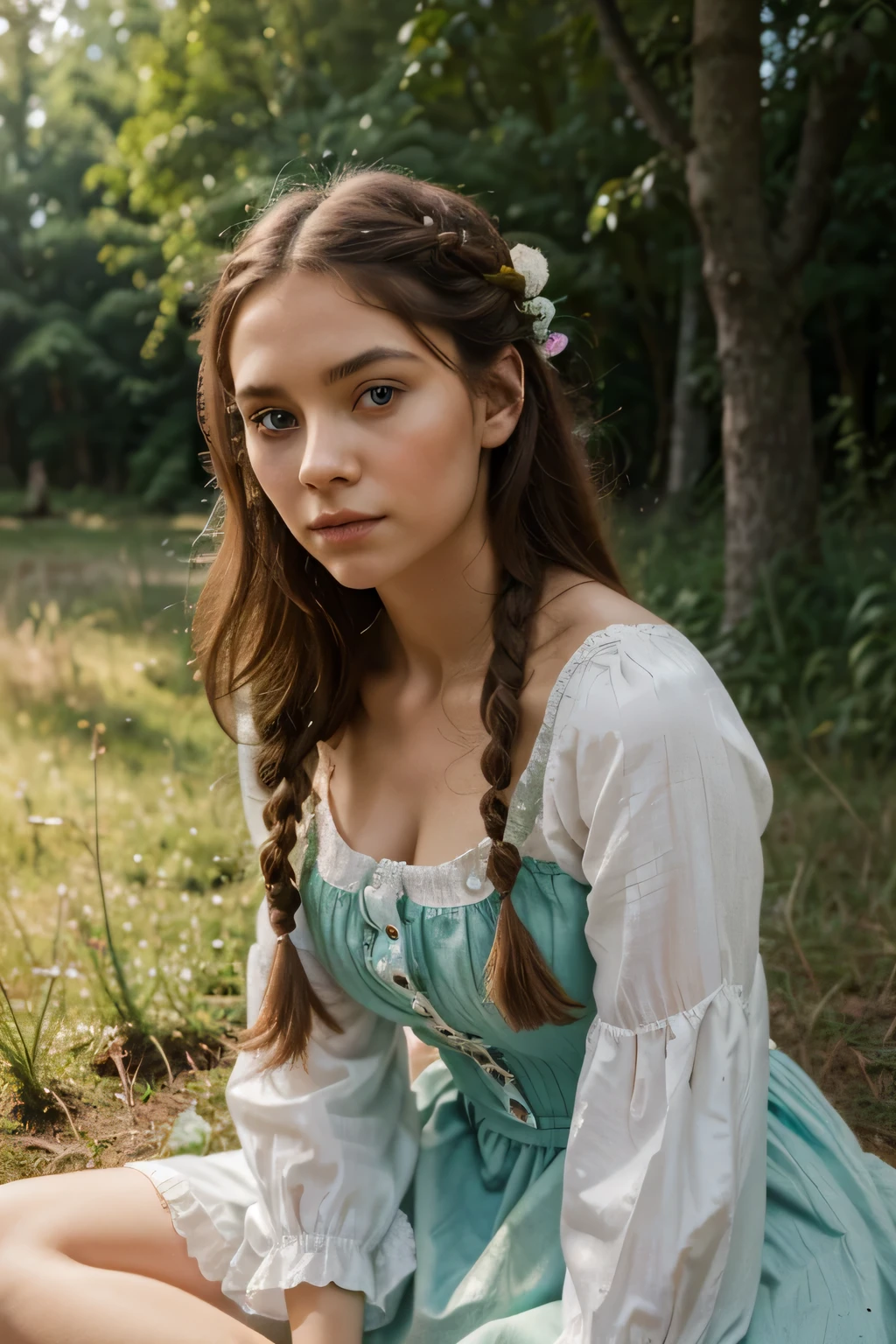 19th century, the ideal image of an incredibly beautiful sweet peasant girl, one long braid, Expressive big eyes, long eyelashes, Eye-catching, on a lawn in the forest.
aesthetics, art, bright colors, stylishly, spectacularly, Russian sundress, Elegantly, filigree, A high resolution, professional photo, hyper detail, hyperrealistic, sharp lines. Canon EOS 5D Mark IV. 8K IMAGE, f 2.8, ISO 100.