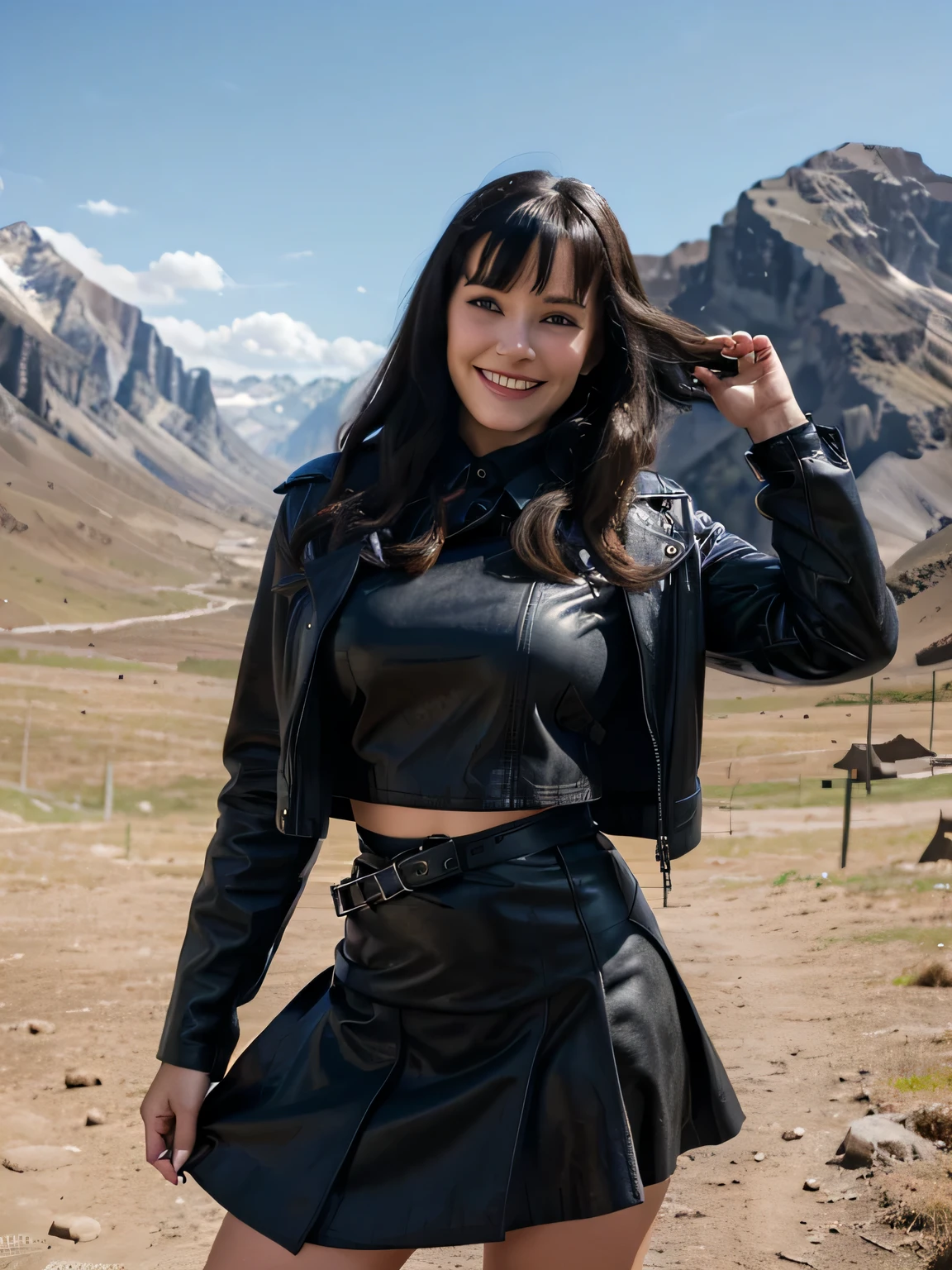betty page smiling looking girl with and blue eyes and black leather coat and a skirt on the endge of a montain and the photo is taken from up front 4k, 8k iperdetailed