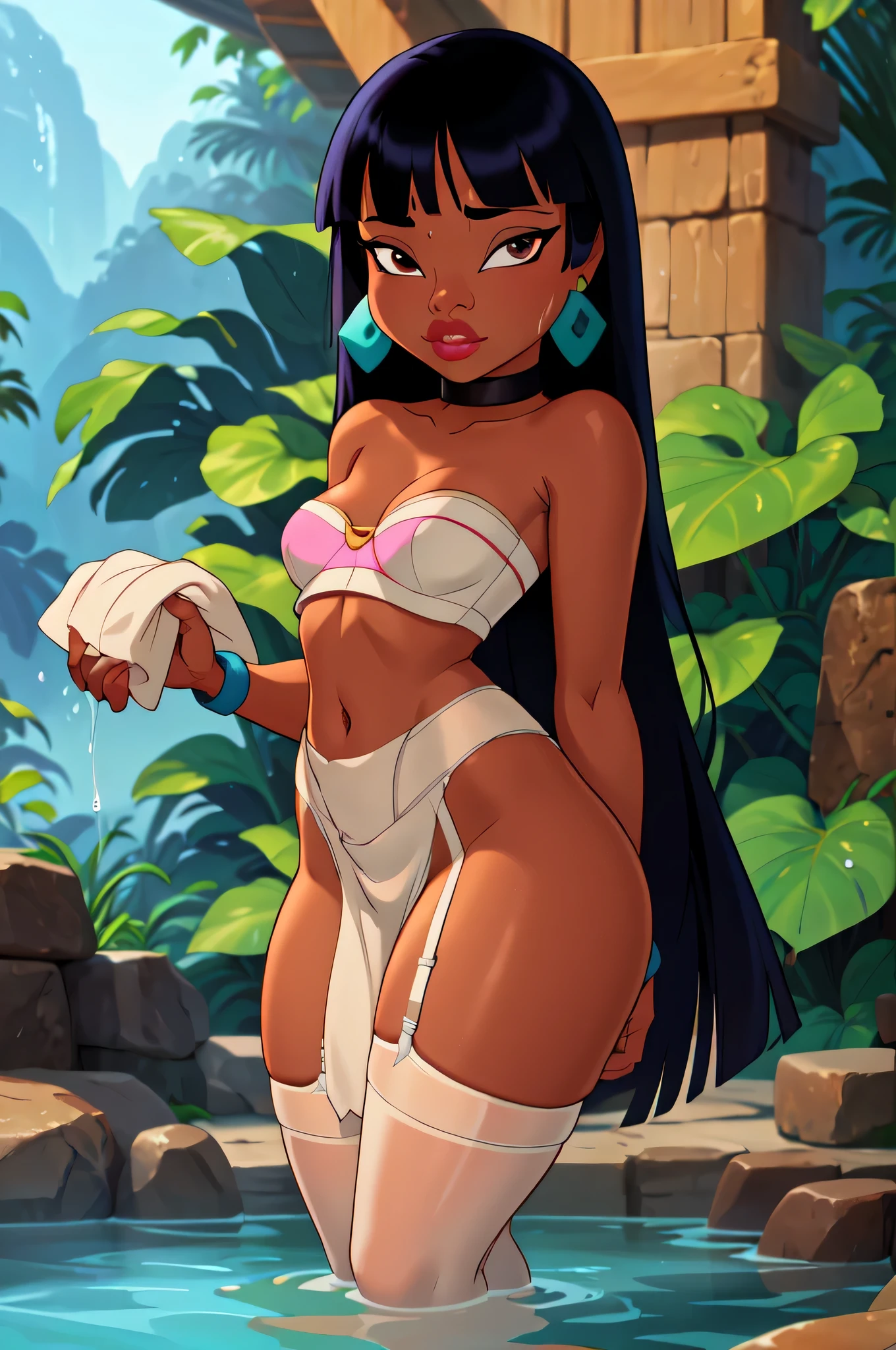 (masterpiece, best quality:1.2), 1girl, solo, chel_eldorado, cartoon, disney style, disney, young body, dark skin, tube top, loin cloth bottom, wearing white lingerie underneath, soaking wet, reflective skin, small nice breasts, wide eyes, looking at viewer, transparent clothes, collar, stockings, wet clothing, loin cloth, skin tight, choker, garter belt, standing, absurdly long hair, very long hair, bangs, (blunt bangs:1.1), lips, earrings, black eyes, brown eyes, dark-skinned female, outdoors, jungle (detailed, highres:1.2) disney animation style, clean details, soft features, hands behind back, young, tween, adolescent, spreading cheeks