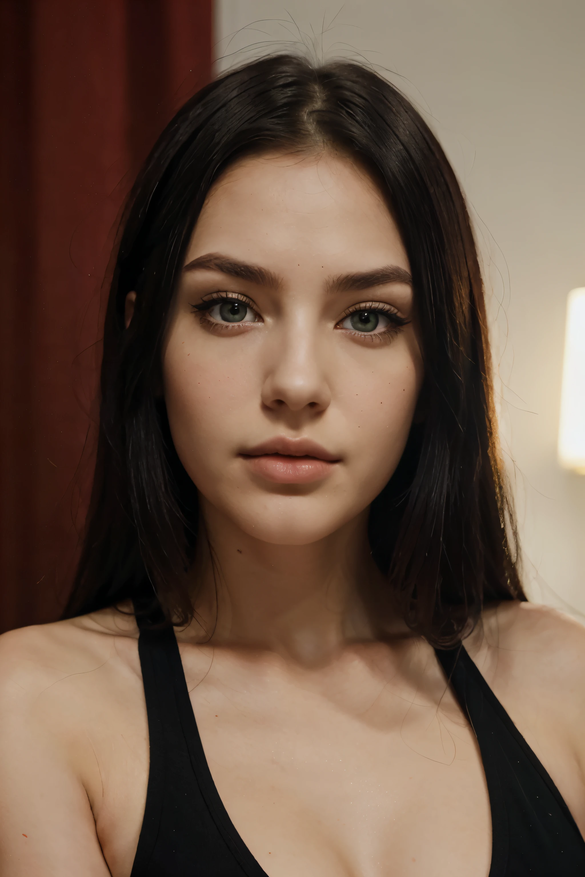Femme, peau blanche, yeux verts, cheveux rouges et noirs comme ombre, structure of the lips which&#39;is neither too thin nor too thick