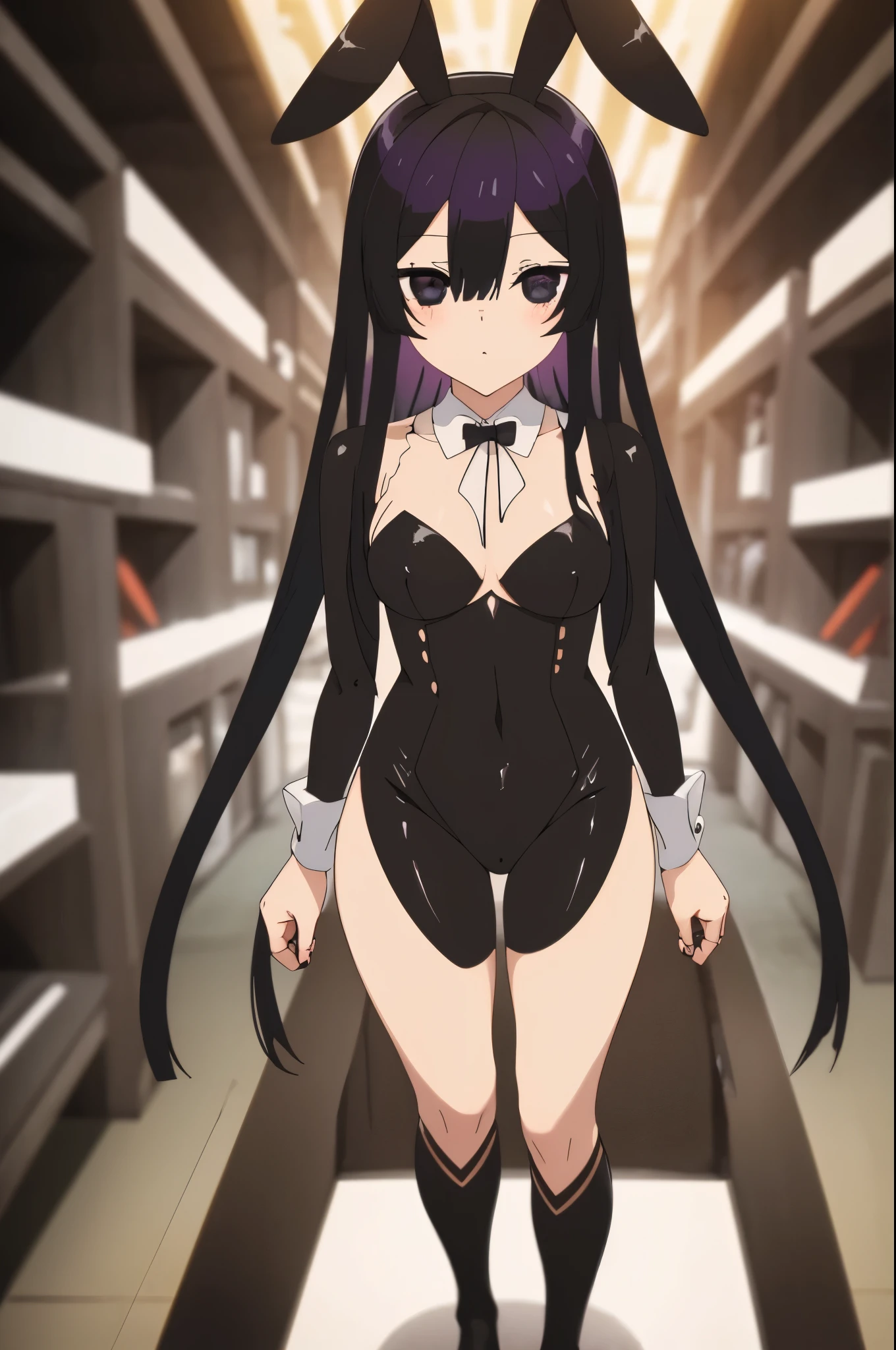 black hair, black eyes,(black bunny suit,bunny ears)
