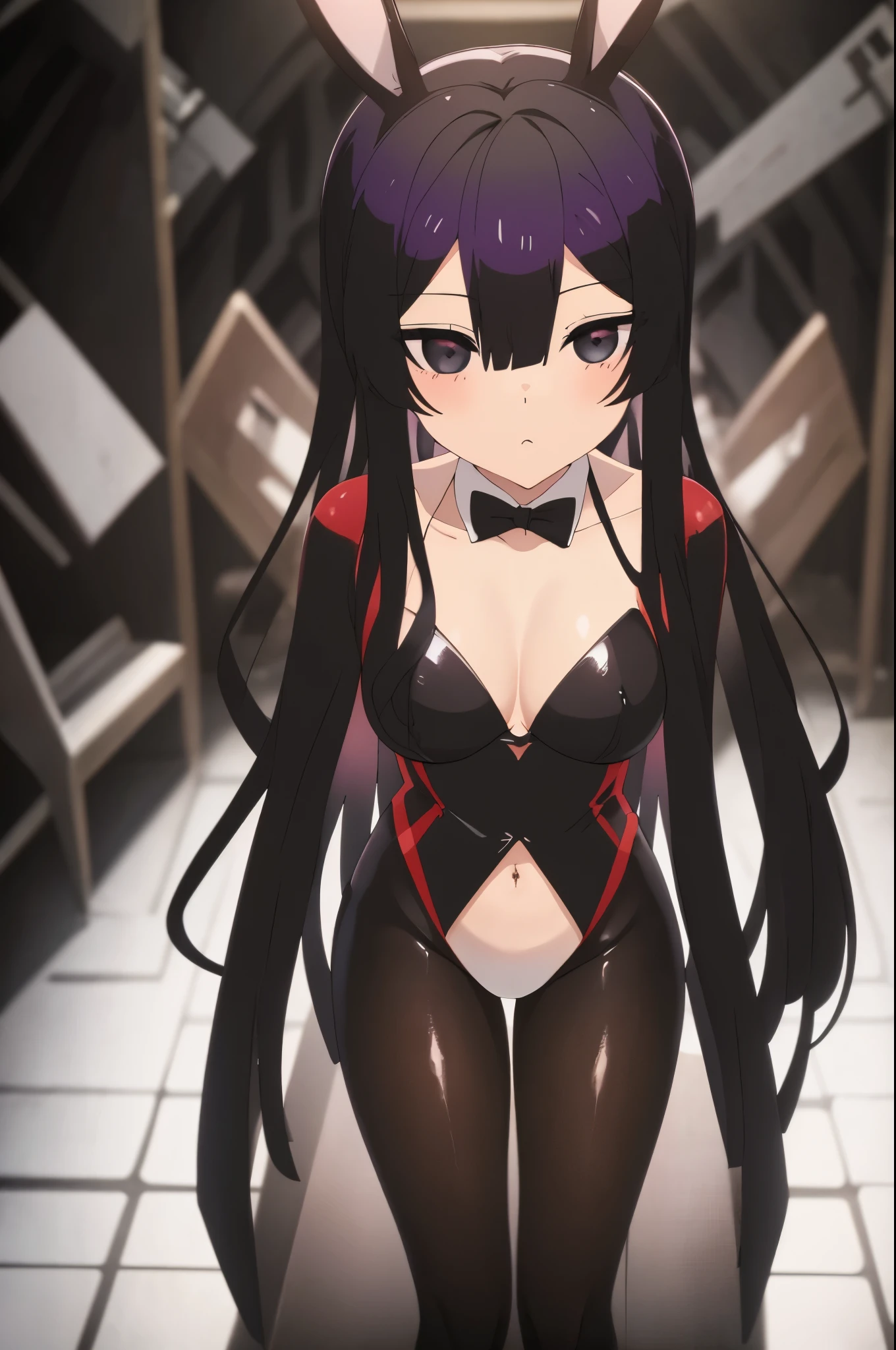 black hair, black eyes,(black bunny suit,bunny ears)
