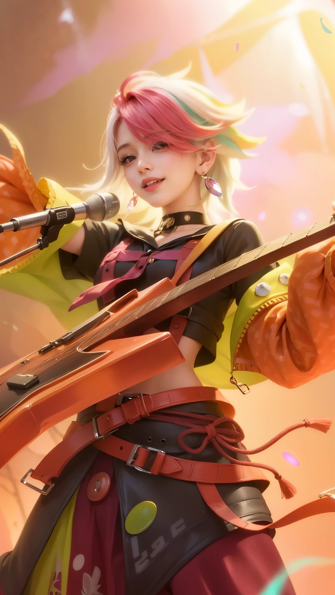(8k, RAW photo, photorealistic:1.25) ,( lipgloss, eyelashes, gloss-face, glossy skin, best quality, ultra highres, depth of field, chromatic aberration, caustics, Broad lighting, natural shading, looking at viewer with a serene and goddess-like happiness, ultra detailed texture, hyper realistic, detailed texture, detailed face, detailed skin, detailed hair, real hair, detail eyes, detail ear, real ear, cinematic background, a girl with pink hair holding a guitar, smile happy